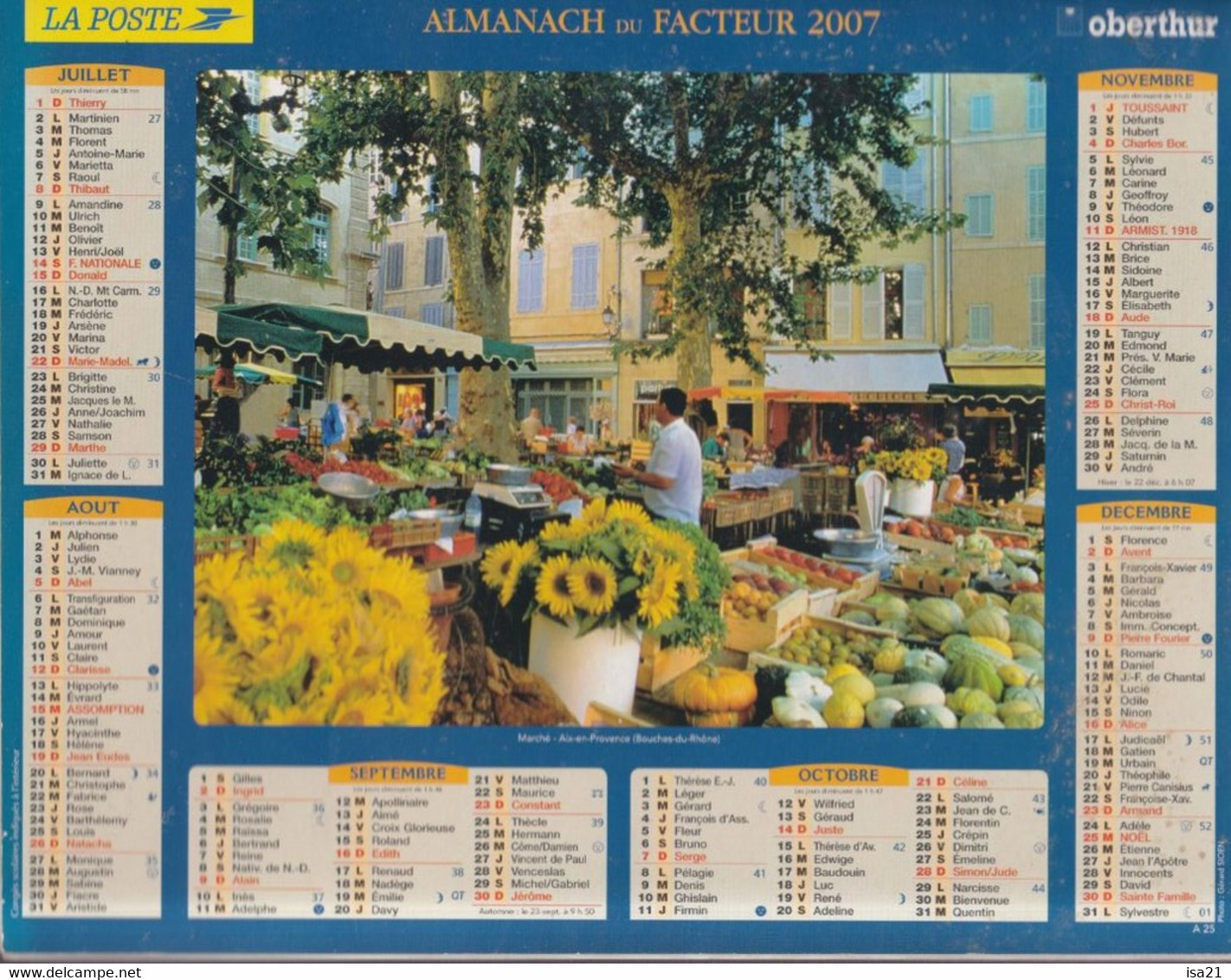 ALMANACH DU FACTEUR: Calendrier Des Postes 2007, SOMME, Fête Du Marché Sur L'eau Amiens, Marché Aix En Provence - Grand Format : 2001-...