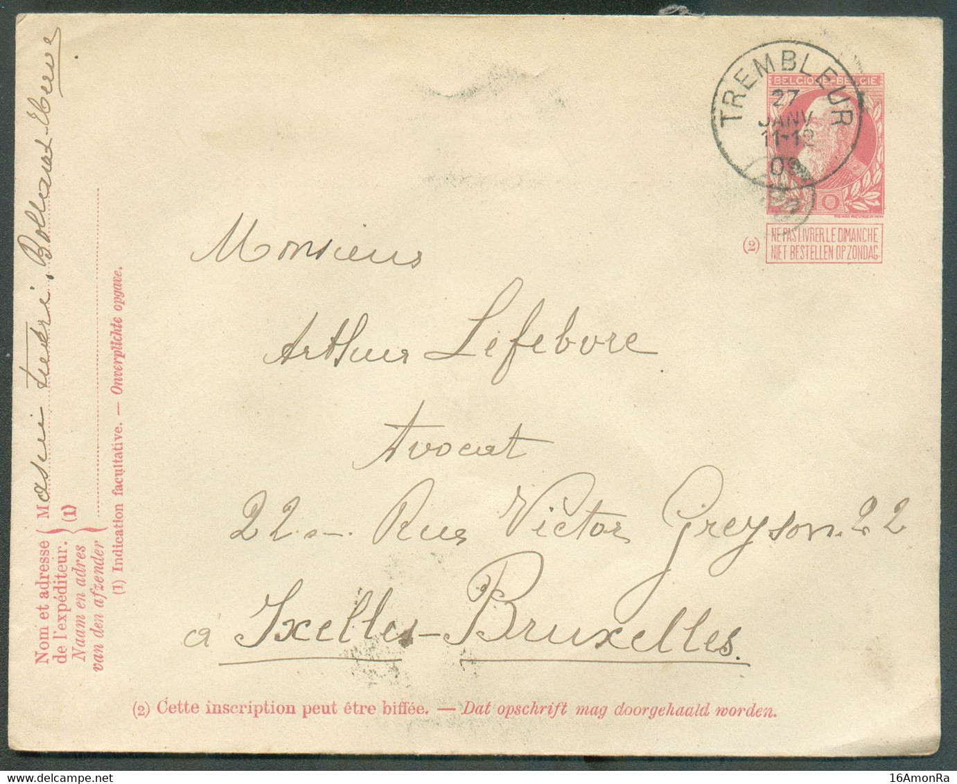 E.P. Enveloppe-lettre 10c. Obl. Sc TREMBLEUR 27 Janvier 1909 Vers Ixelles - 19249 - Sobres-cartas