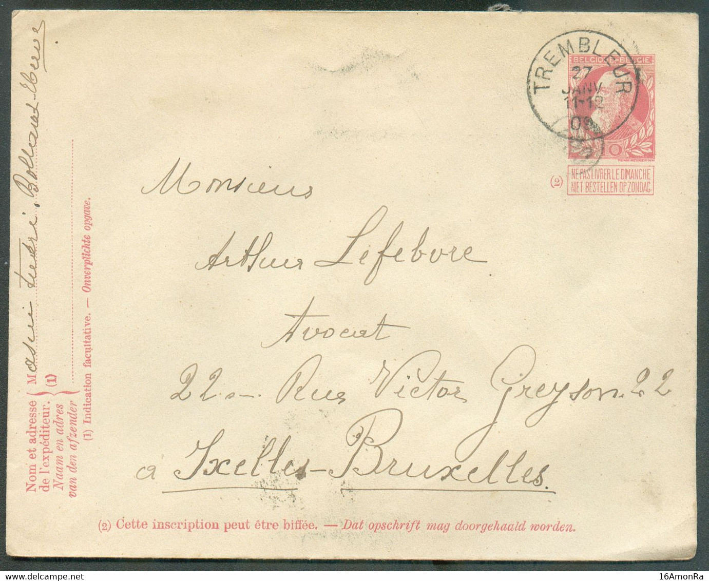 E.P. Enveloppe-lettre 10c. Obl. Sc TREMBLEUR 27 Janvier 1909 Vers Ixelles - 19249 - Letter Covers