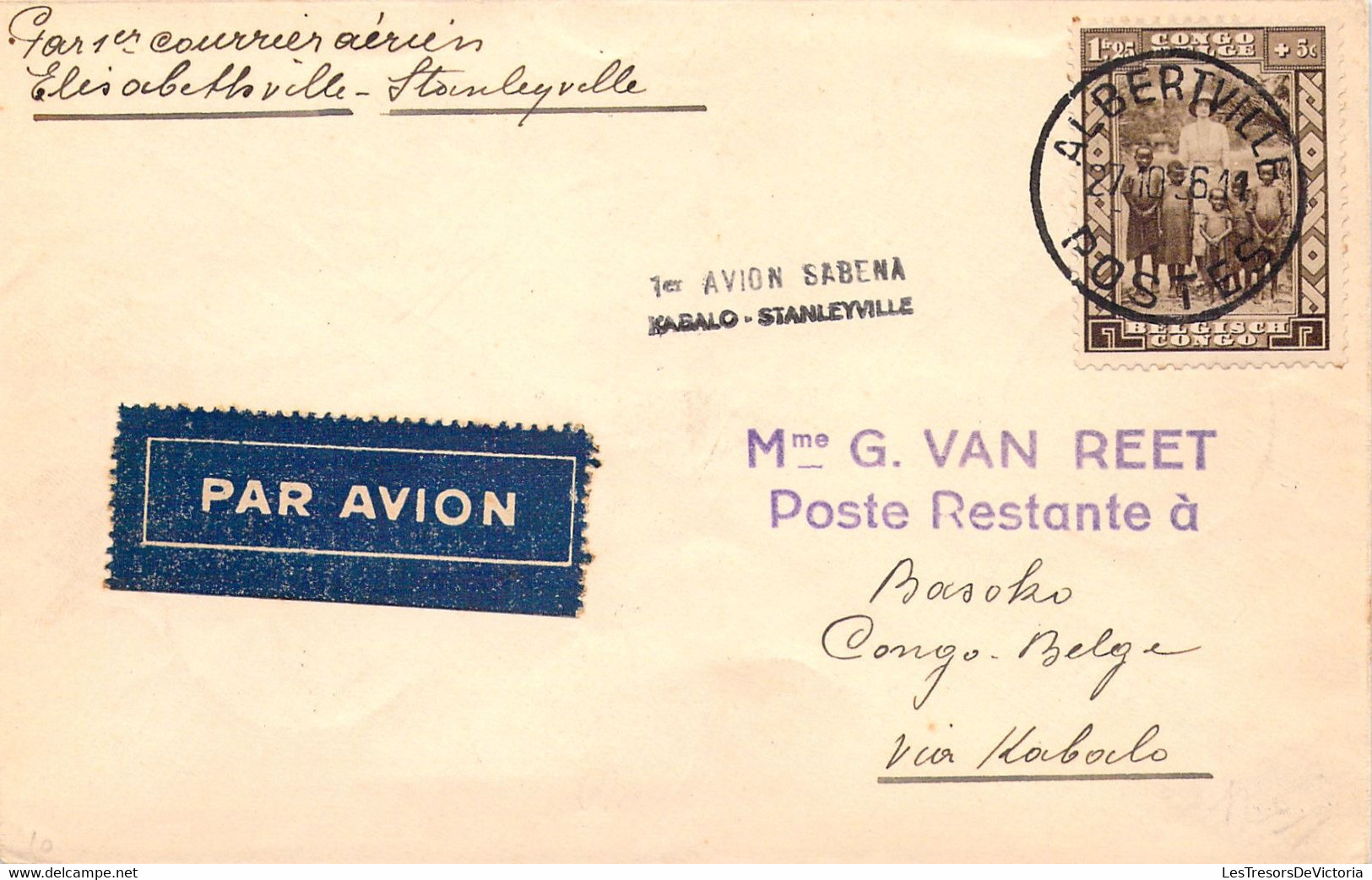 Congo Belge - COB 194 Sur Lettre 1.25+5c Sepia - Par 1er Courrier Aérien - Poste Restante - 1er Avion Sabena Kabalo - Storia Postale