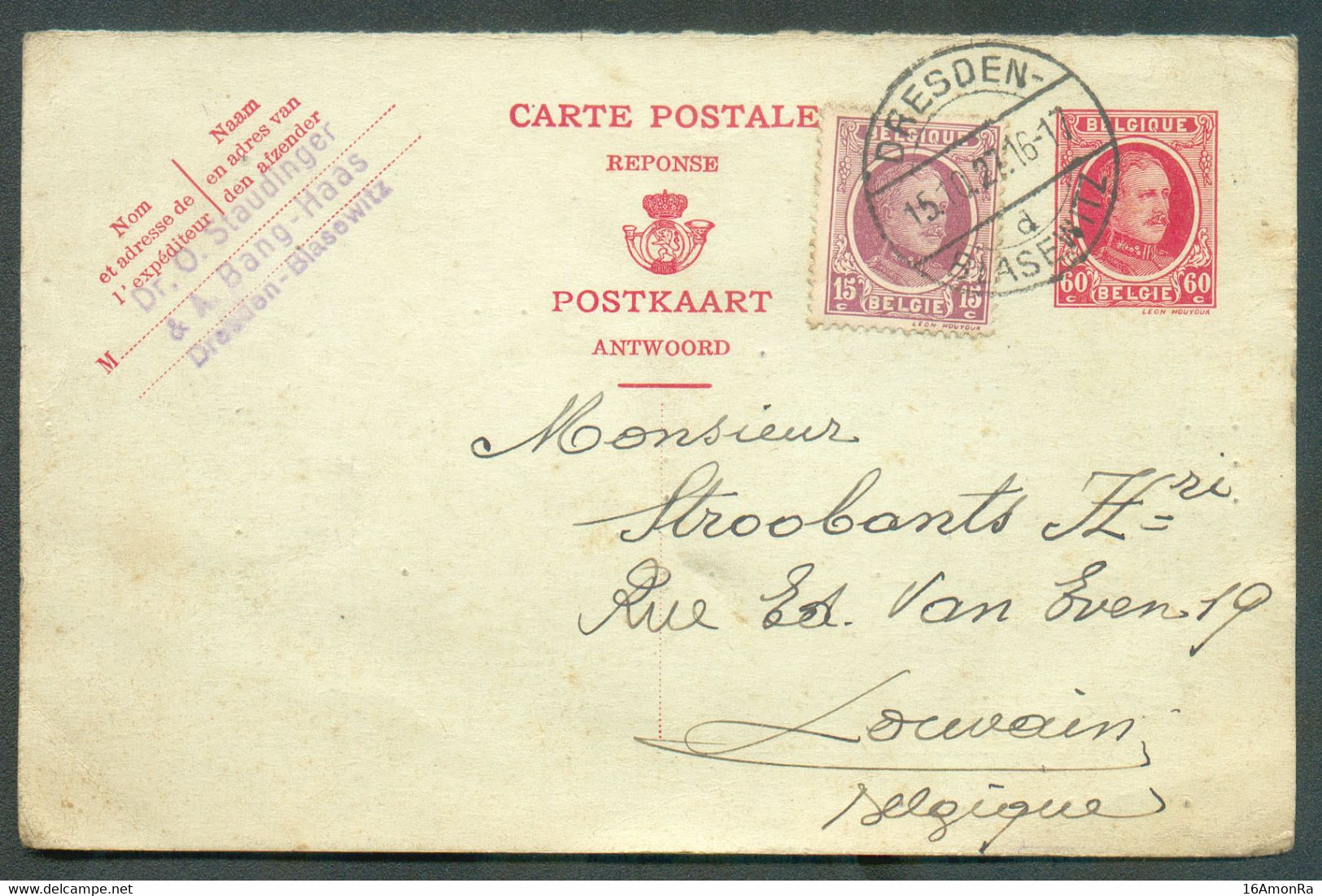 E.P. Carte Réponse 60c. HOUYOUX + Tp 15c. Obl. Allemande DRESDEN 15.10.27 Vers Louvain - 19251 - Cartes Postales 1909-1934