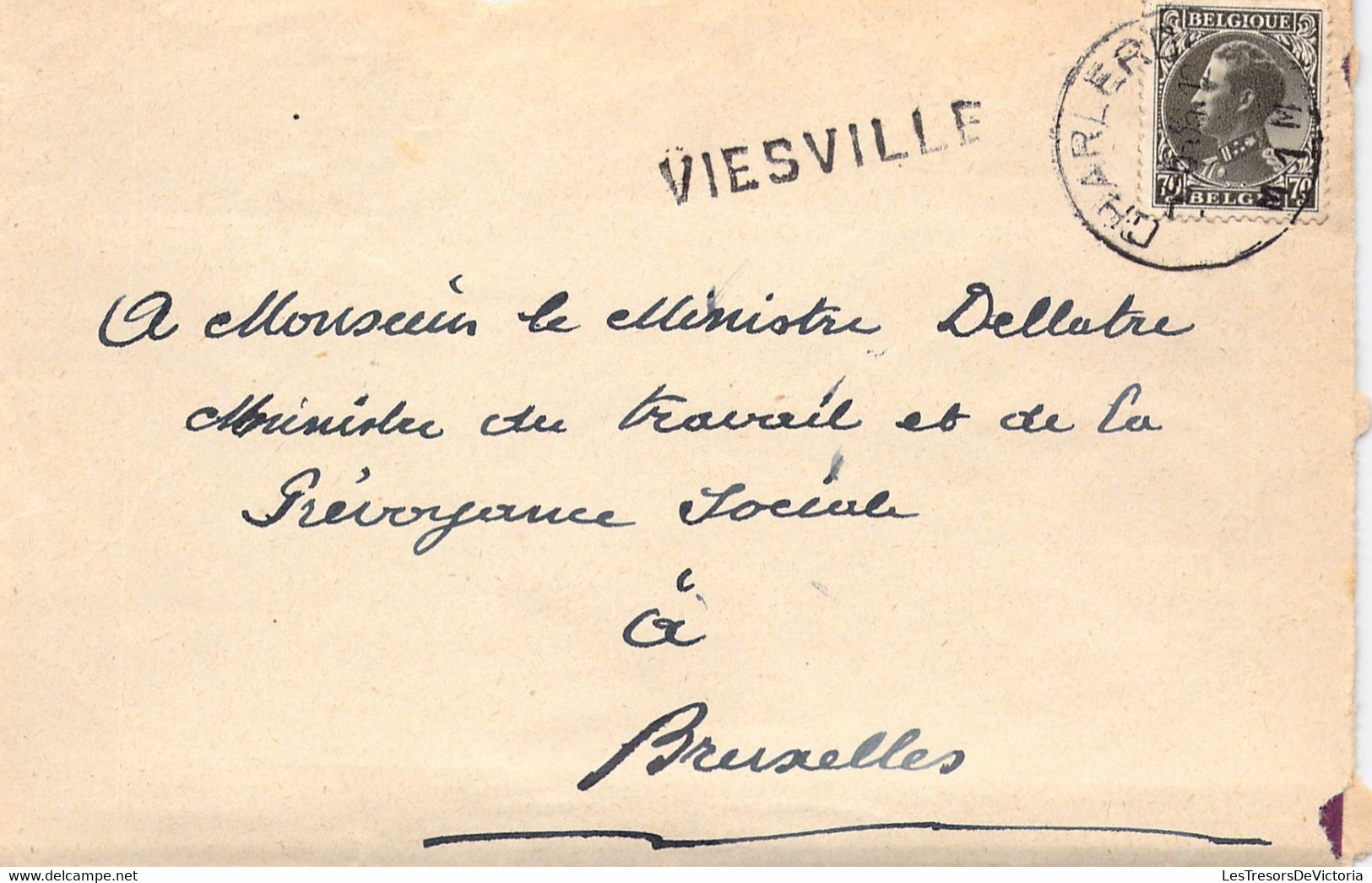 Enveloppe Envoyée à Mr Le Ministre Dellatre - Griffe Linéaire VIESVILLE - Oblitéré à Charleroi - Linear Postmarks