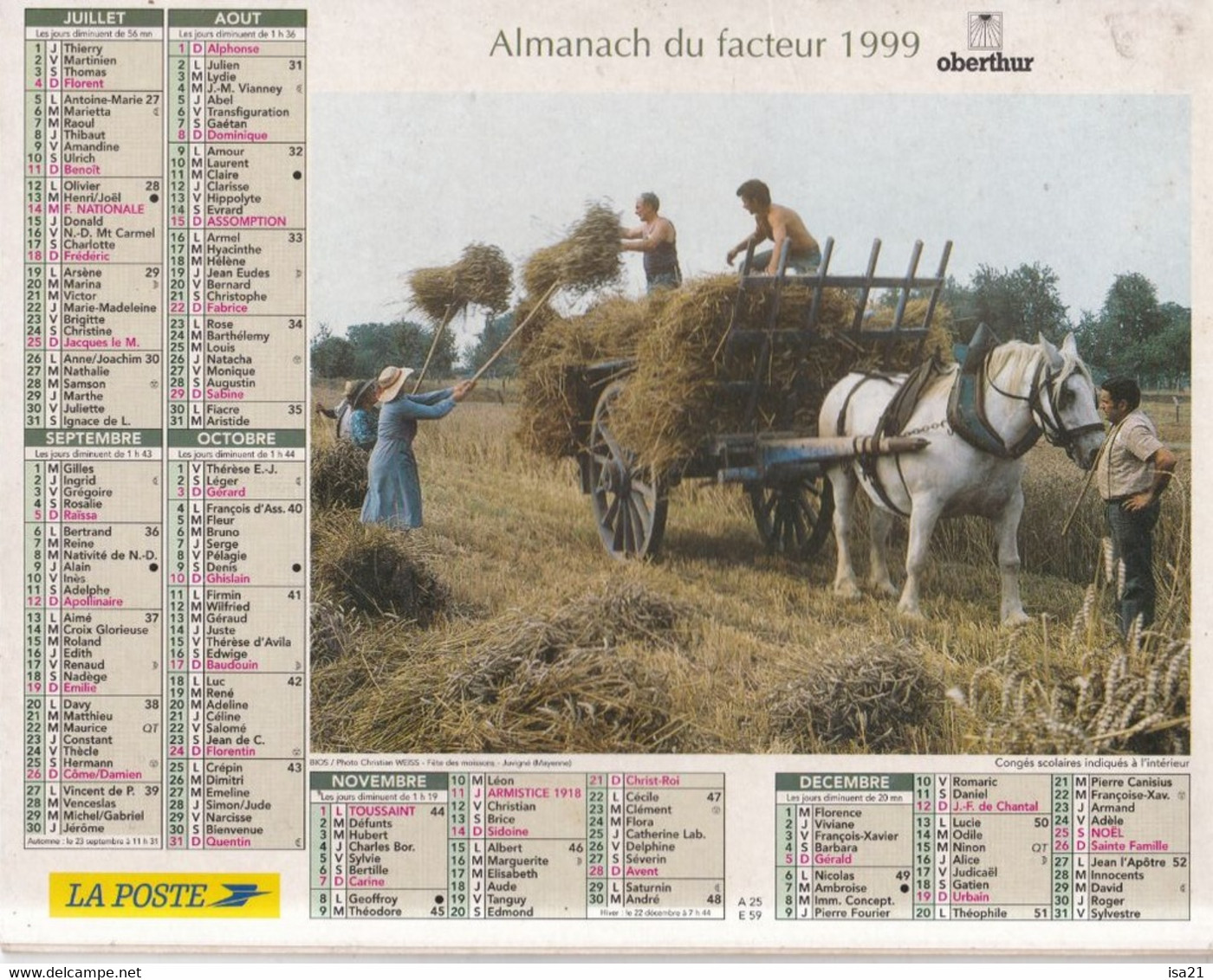 ALMANACH DU FACTEUR: Calendrier Des Postes 1999, SOMME, La Montée En Alpage, Chèvres, Berger, Fête Des Moissons, Cheval, - Grand Format : 1991-00