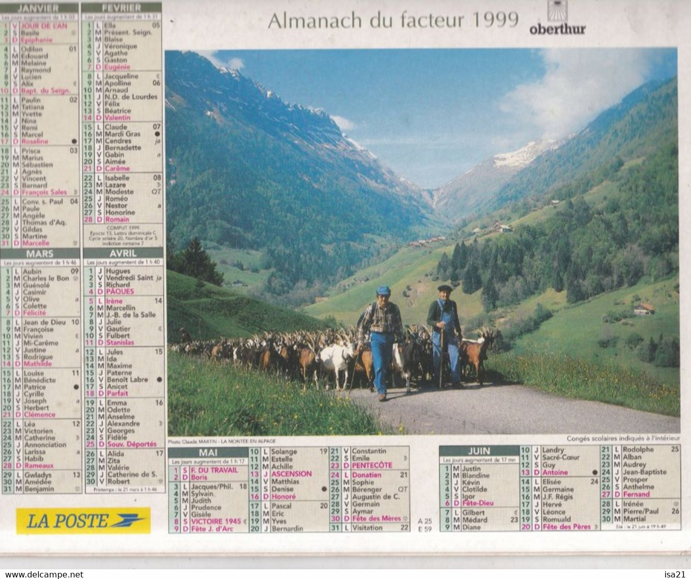 ALMANACH DU FACTEUR: Calendrier Des Postes 1999, SOMME, La Montée En Alpage, Chèvres, Berger, Fête Des Moissons, Cheval, - Grand Format : 1991-00