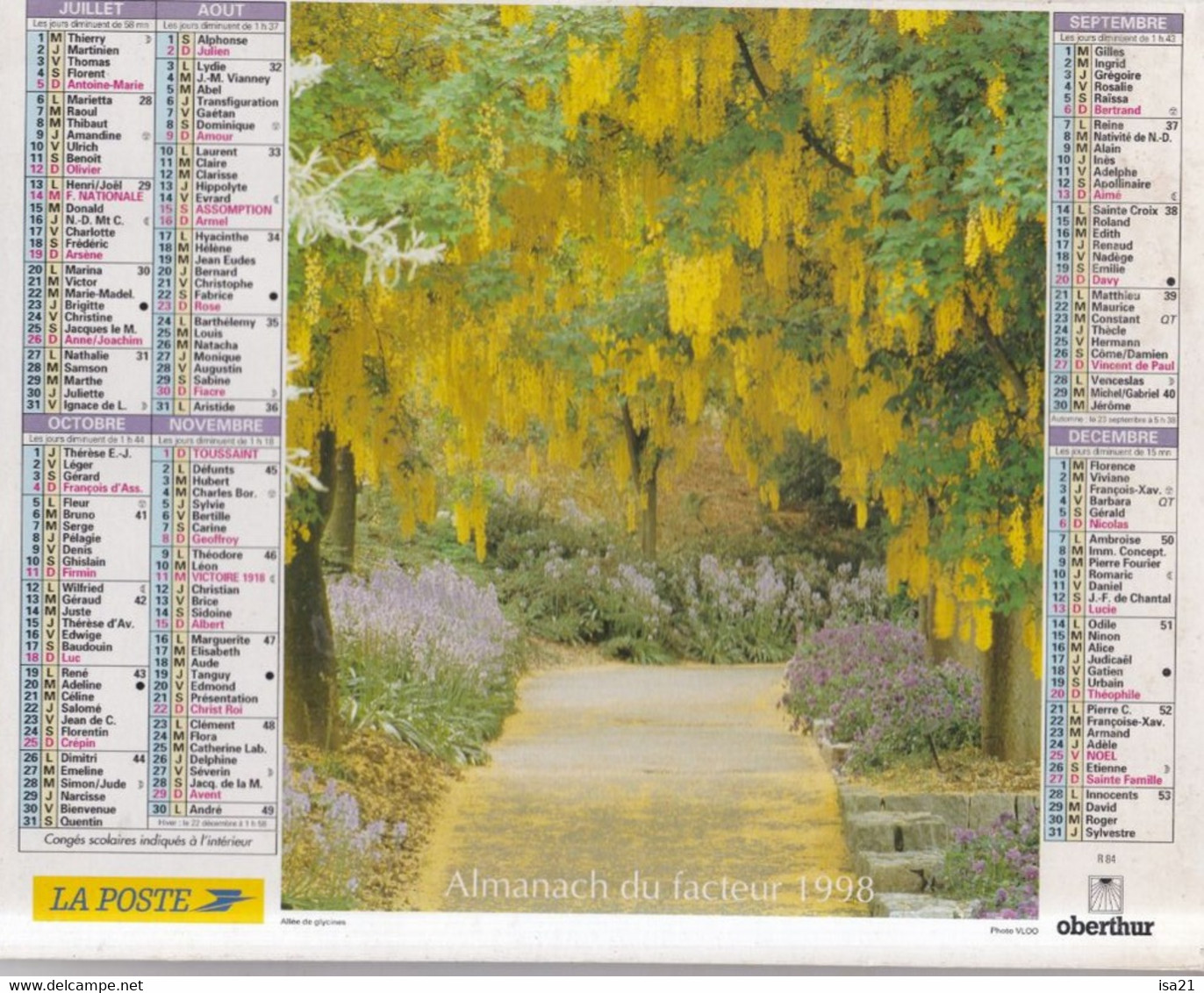 ALMANACH DU FACTEUR: Calendrier Des Postes 1998, SOMME, Allée De Glycines, Jardin Avec Saule-Pleureur. - Grand Format : 1991-00