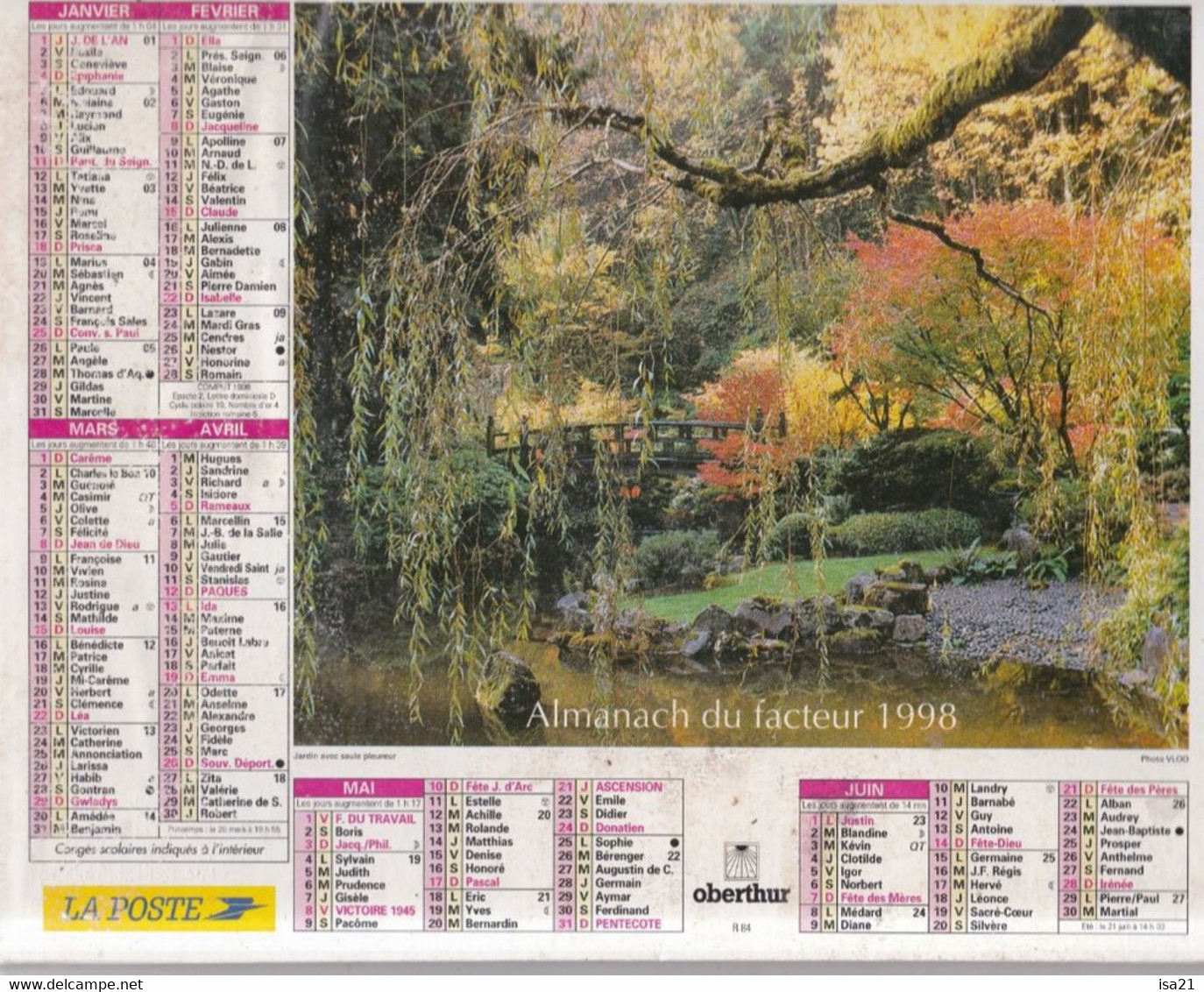 ALMANACH DU FACTEUR: Calendrier Des Postes 1998, SOMME, Allée De Glycines, Jardin Avec Saule-Pleureur. - Grand Format : 1991-00