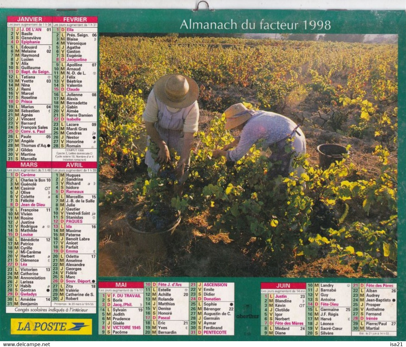 ALMANACH DU FACTEUR: Calendrier Des Postes 1998, SOMME, Récolte Du Foin, Vendanges? - Grand Format : 1991-00