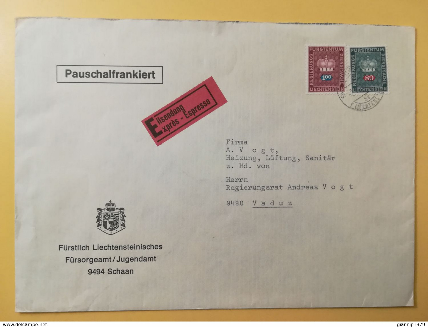 1972 BUSTA INTESTATA EXPRES ESPRESSO COVER LIECHTENSTEIN BOLLO EDIFICI BUILDINGS SERVIZIO TAXE OBLITERE' - Storia Postale