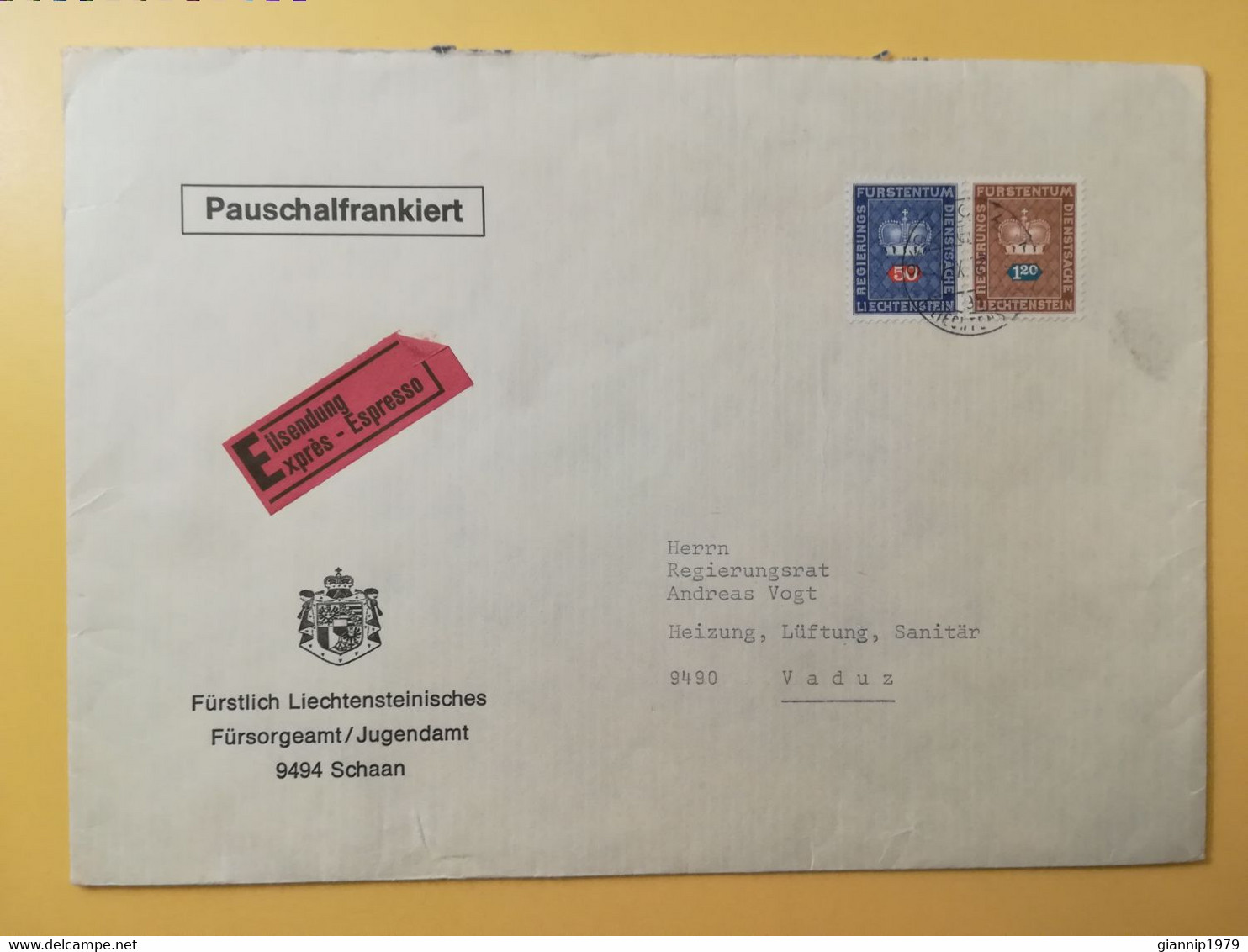 1972 BUSTA INTESTATA EXPRES ESPRESSO COVER LIECHTENSTEIN BOLLO EDIFICI BUILDINGS SERVIZIO TAXE OBLITERE' - Storia Postale