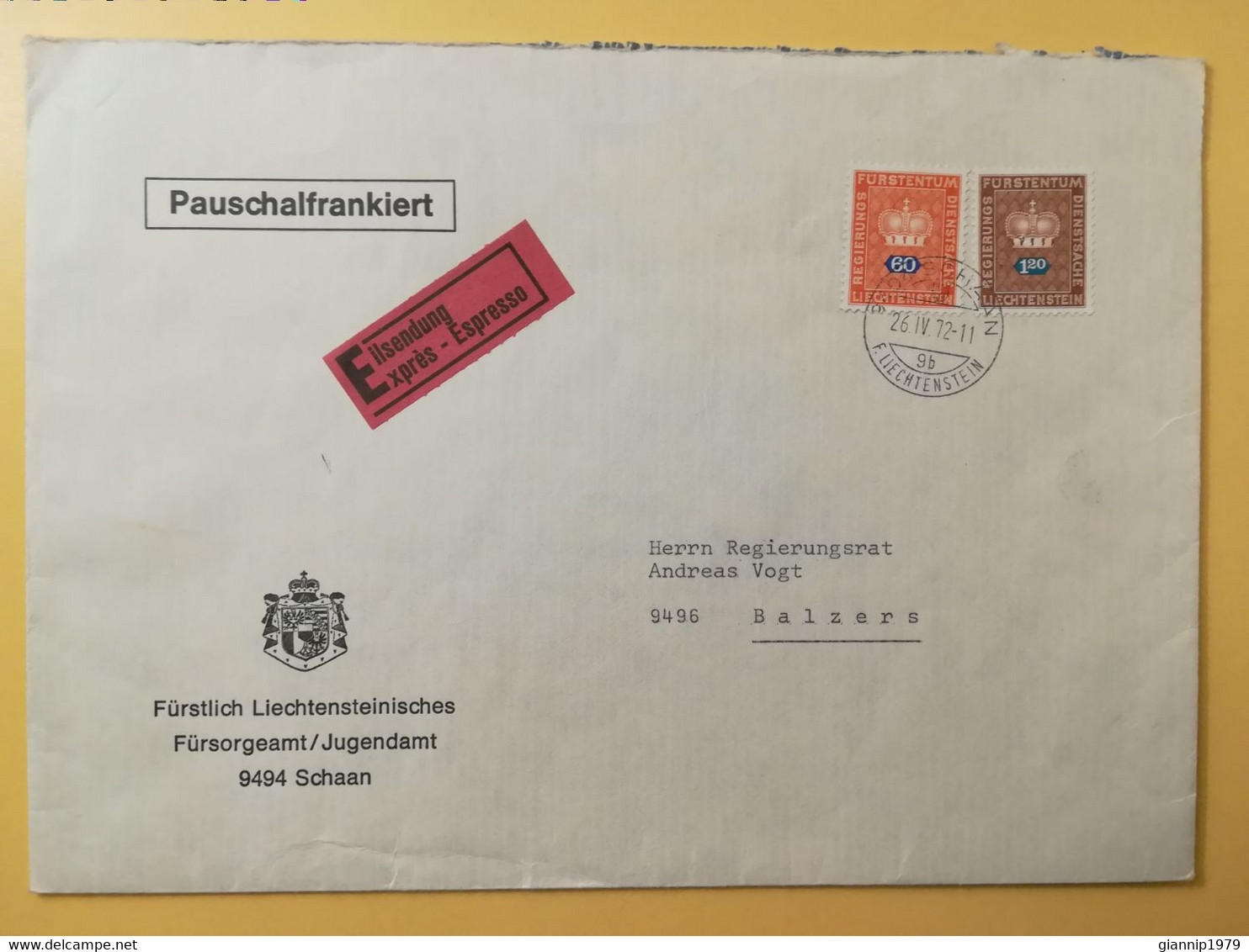 1972 BUSTA INTESTATA EXPRES ESPRESSO COVER LIECHTENSTEIN BOLLO EDIFICI BUILDINGS SERVIZIO TAXE OBLITERE' - Cartas & Documentos