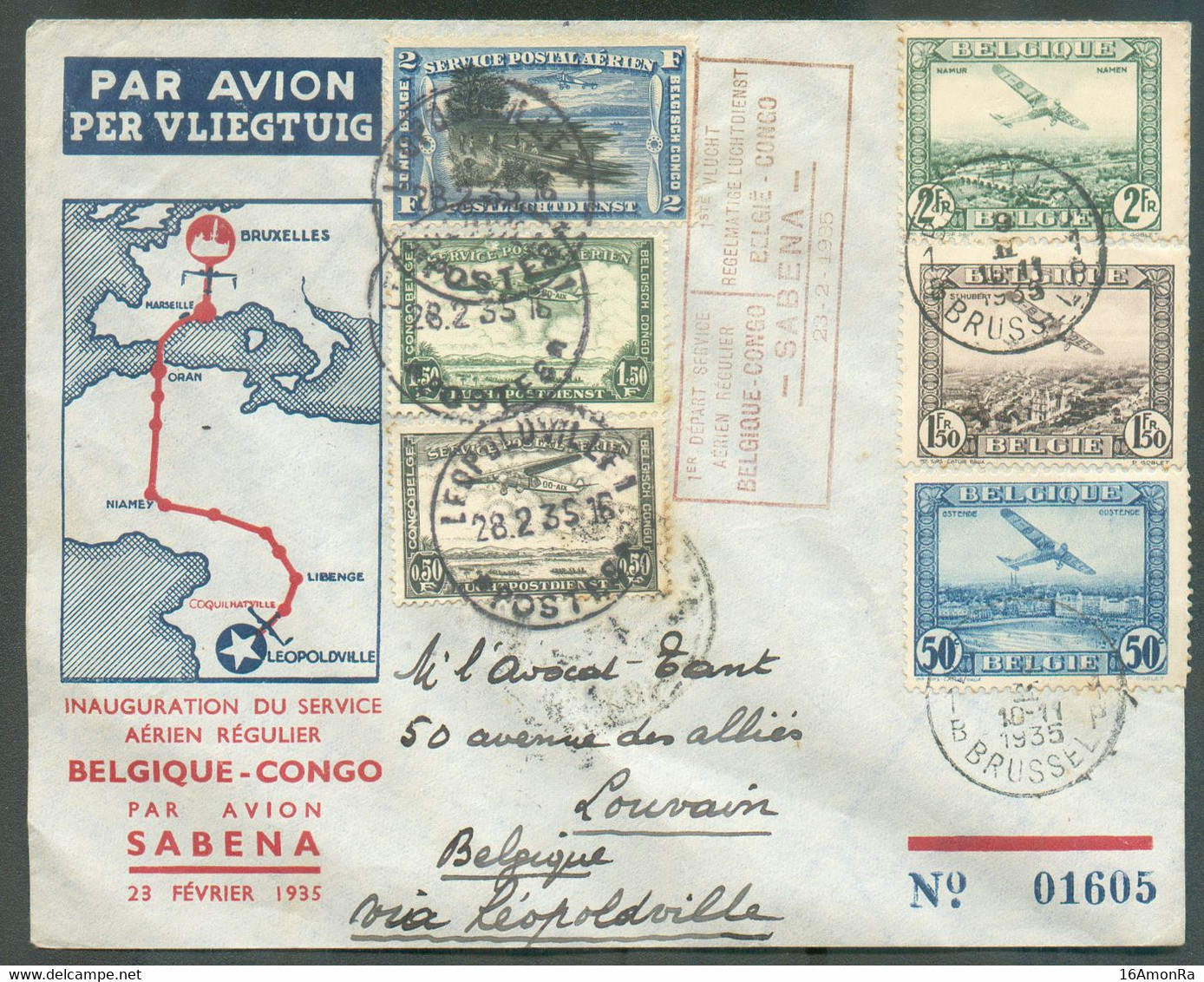 Lettre Affr. Mixte Belgique Congo Ligne Régulirèe Par Sabena 3-II-1935  - 19260 - Briefe U. Dokumente