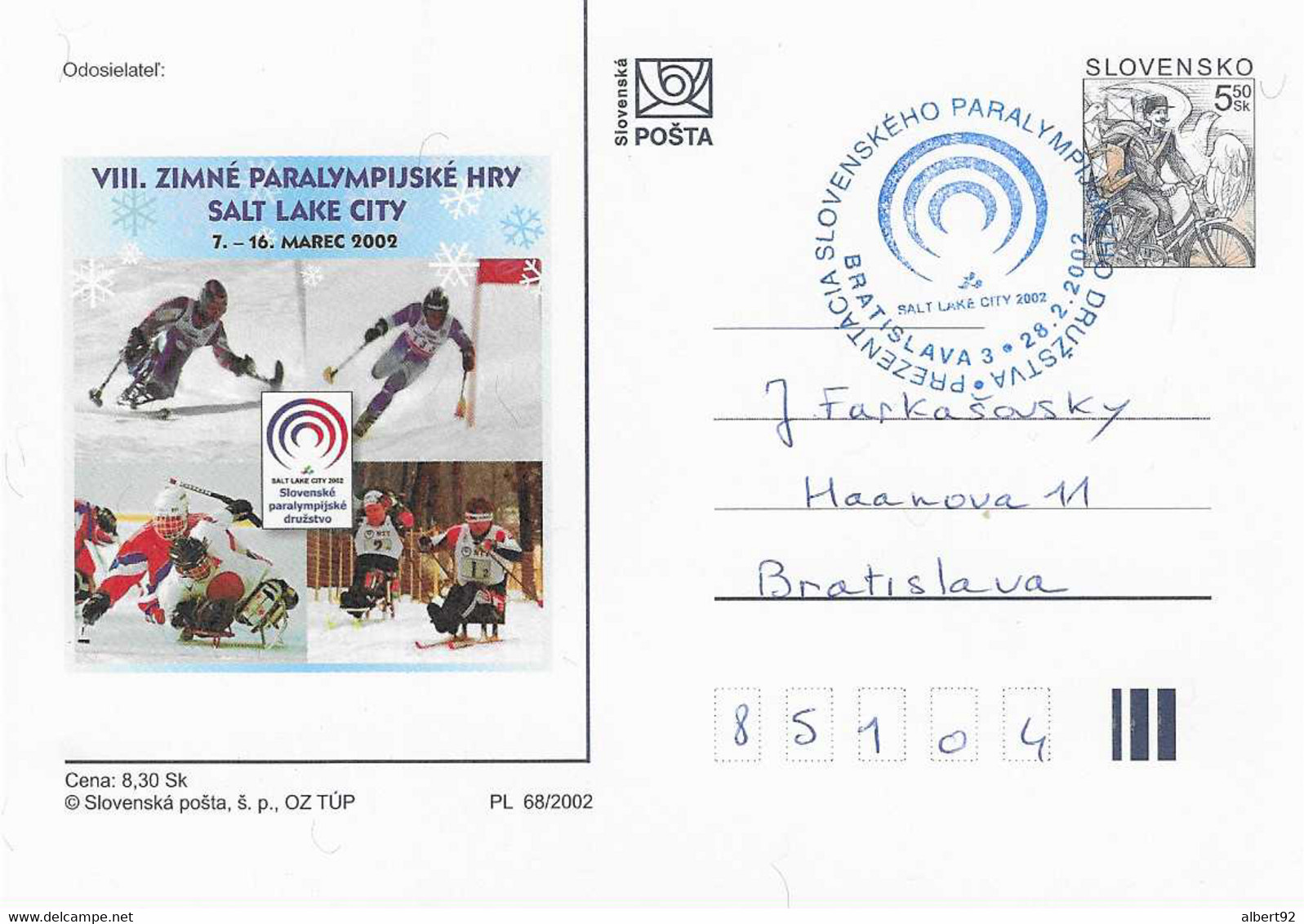 2002 Entier-postal: L'équipe Handisport Slovaque Aux Jeux Paralympiques De Salt Lake City.( Hockey Sur Glace, Ski...) - Winter 2002: Salt Lake City - Paralympic