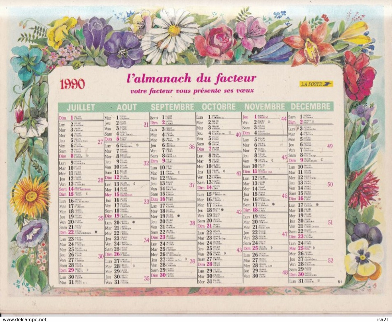 ALMANACH DU FACTEUR: Calendrier Des Postes 1990, SOMME, De Belles Fleurs - Grand Format : 1981-90