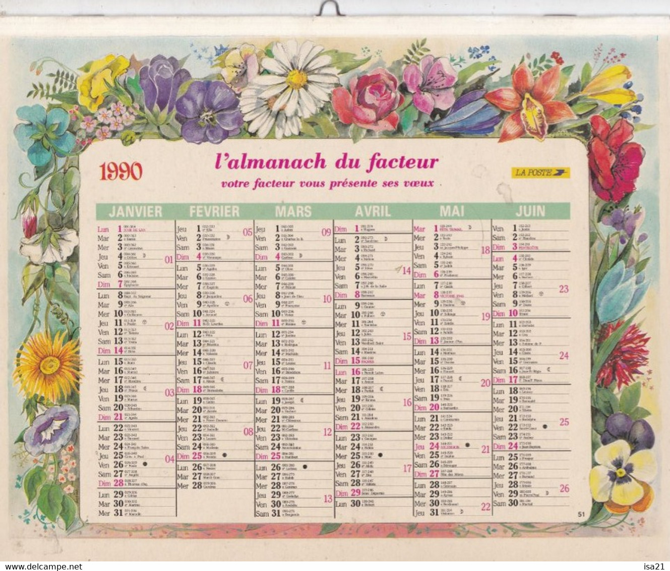 ALMANACH DU FACTEUR: Calendrier Des Postes 1990, SOMME, De Belles Fleurs - Grand Format : 1981-90