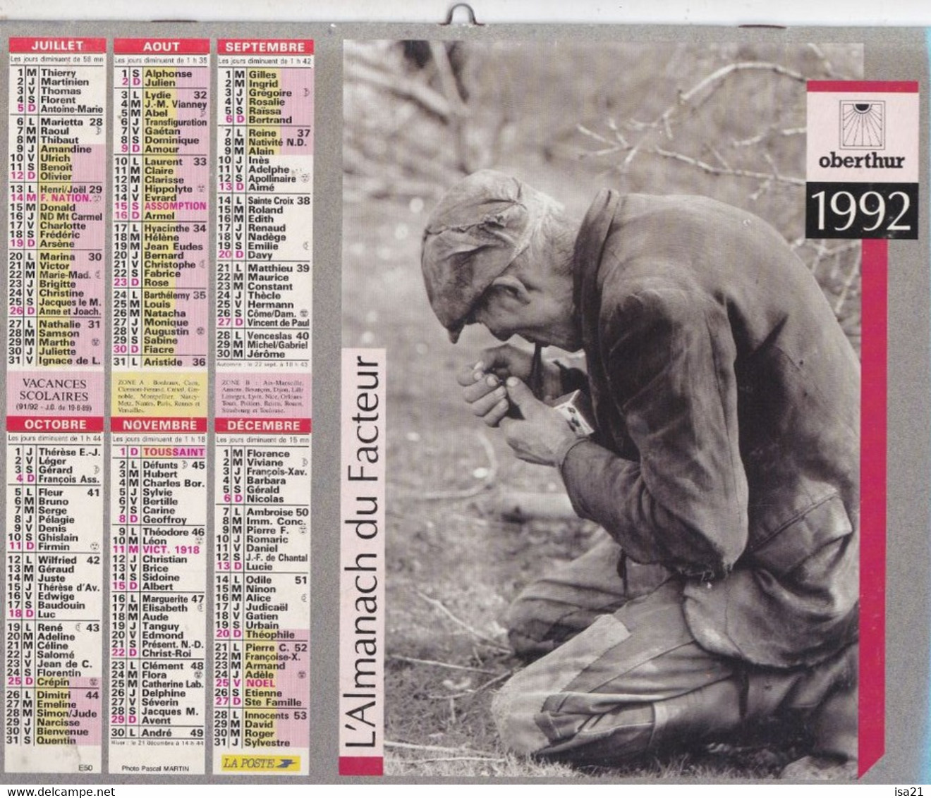 ALMANACH DU FACTEUR: Calendrier Des Postes 1992, SOMME, A La Campagne: Cheval De Trait, Bouffarde ... - Grand Format : 1991-00