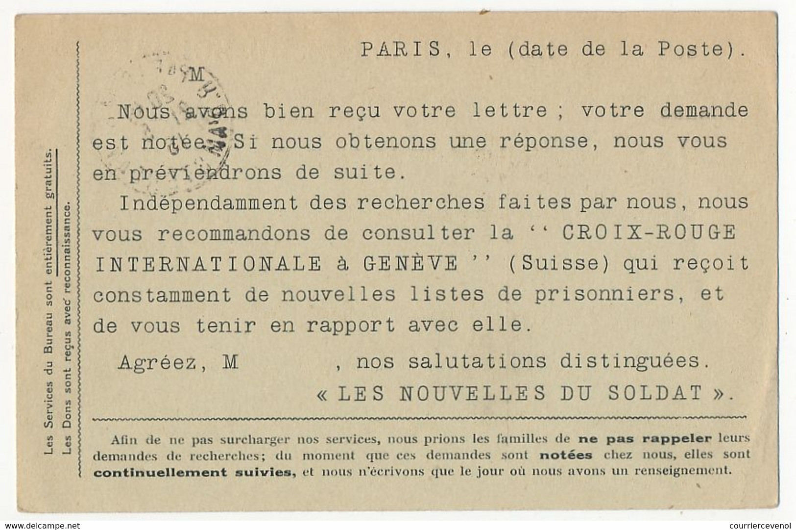 Carte Relative à Un PG Français - Les Nouvelles Du Soldat - Paris - 1915 - Guerre De 1914-18