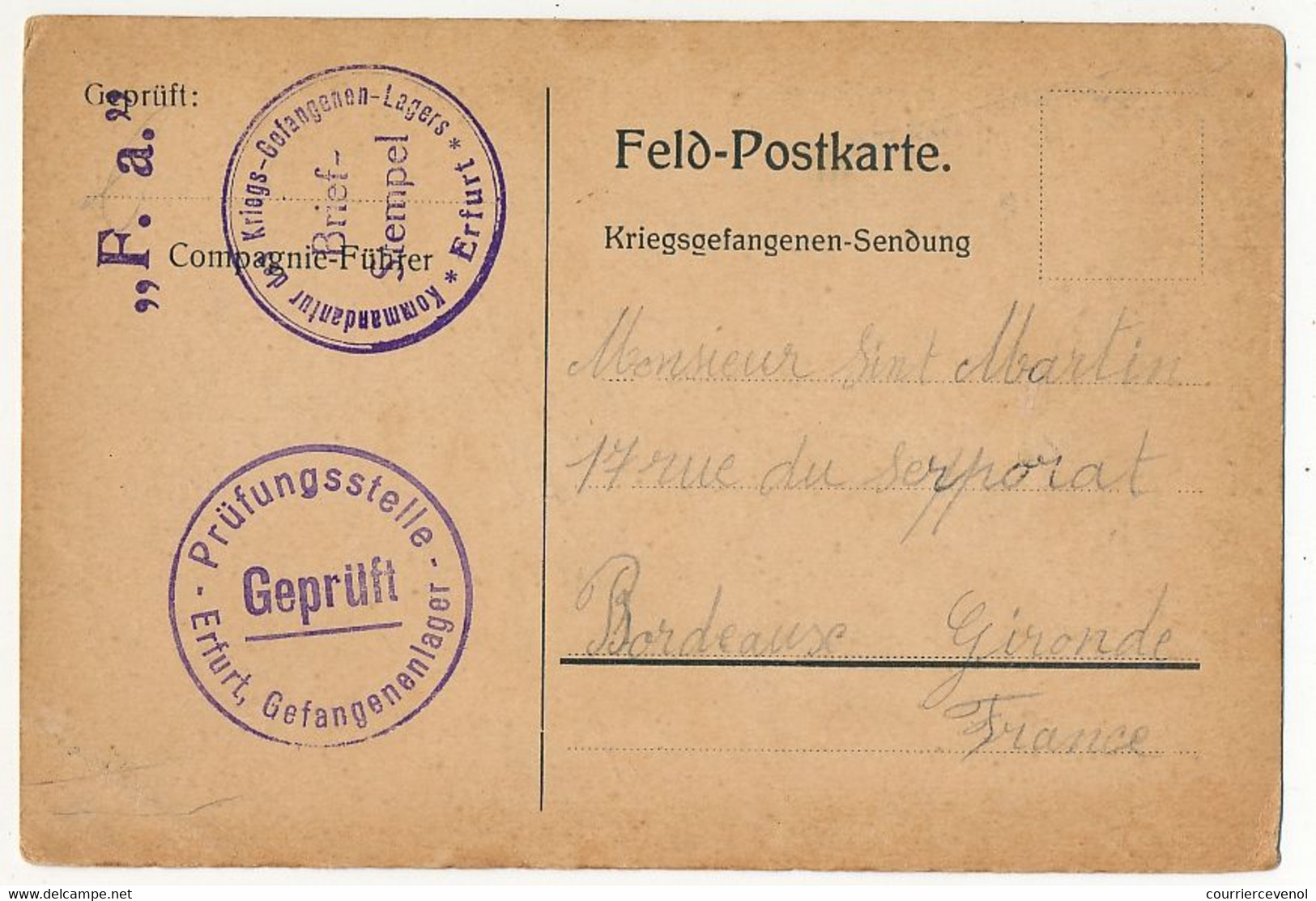 Carte Prisonnier Français - Camp De Erfurt - 22 Mars 1915 - Censures Du Camp - Guerre De 1914-18