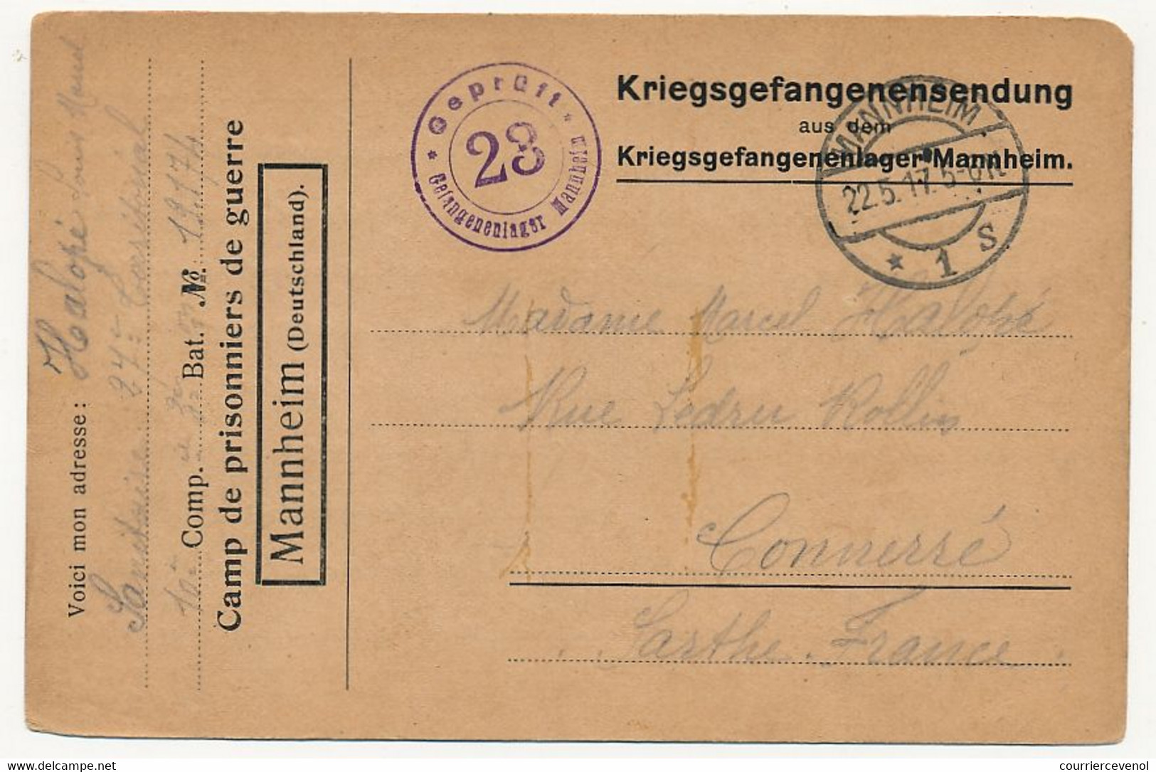 Carte Prisonnier Français - Camp De Mannheim - 22/5/1917 - Censure 28 - Guerre De 1914-18
