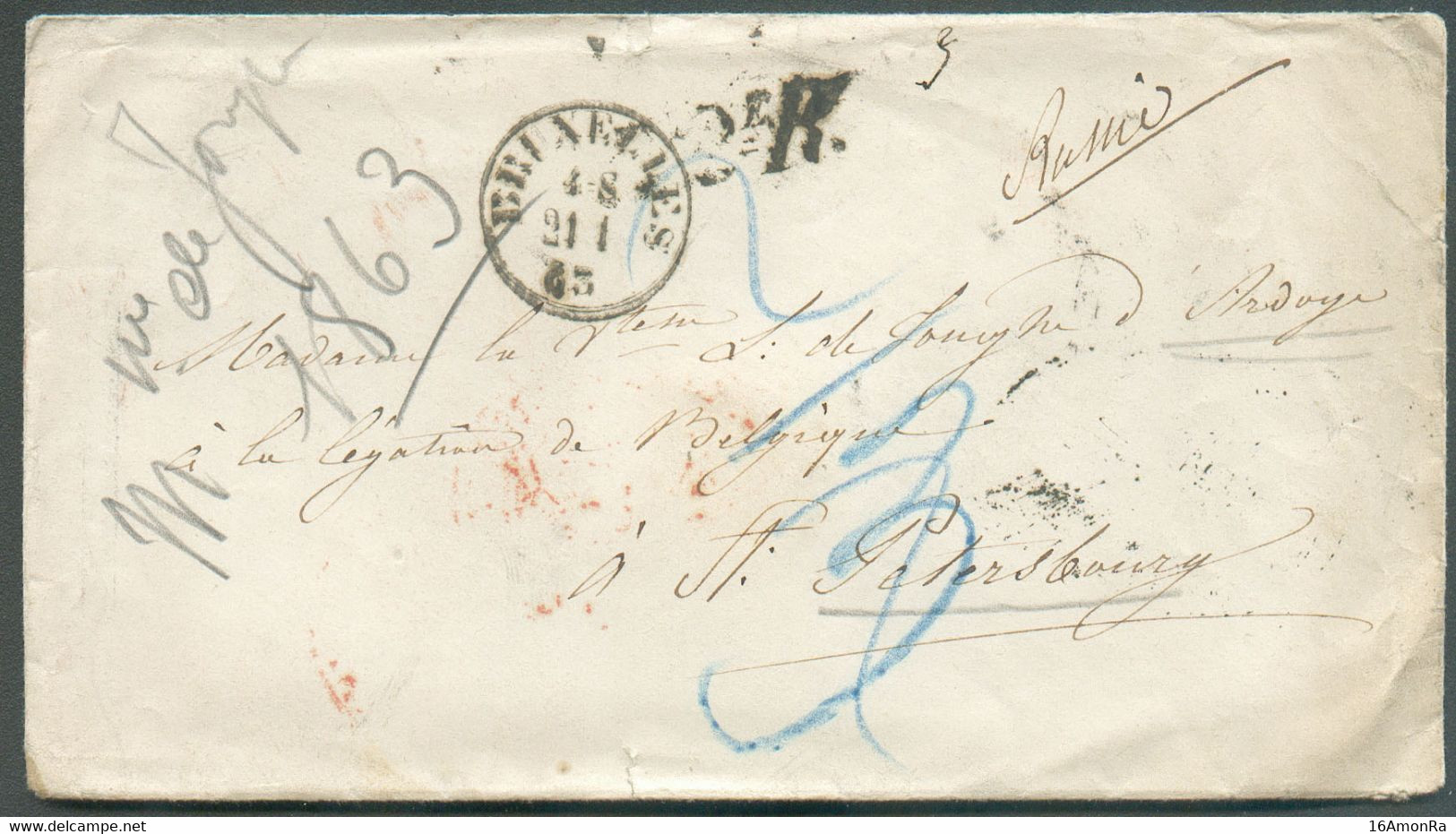 Enveloppe De BRUXELLES le 21-1-1863  vers St-Petersburg (Russie) + Griffe B.2e.R. et Taxée '2/3' Kr. (transit Prussien) - Grenzübergangsstellen