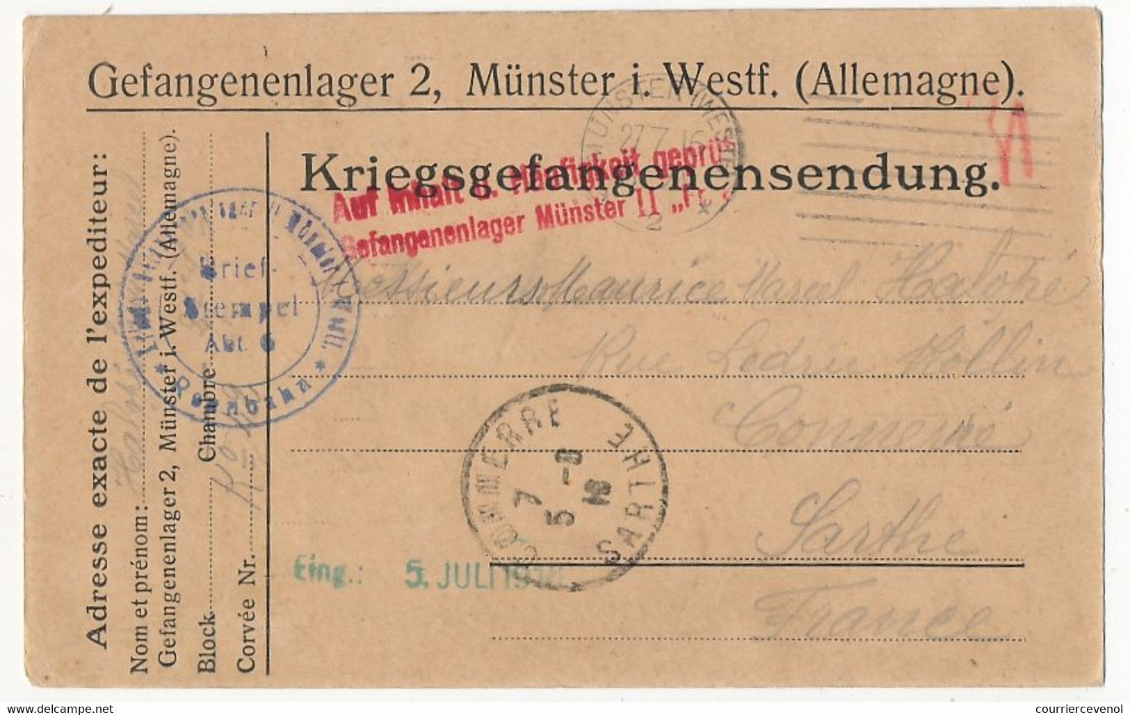Carte Prisonnier Français - Camp De Münster I. Westf. - 5 Juillet 1916 - Censure - WW I
