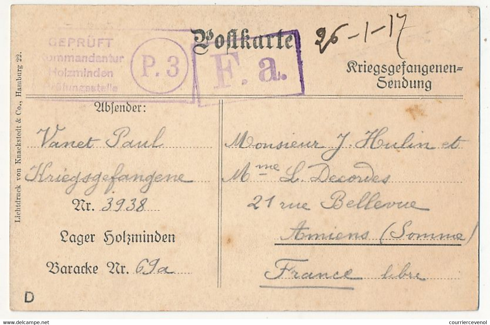 Carte Prisonnier Français - NOEL 1915 - Camp De Holzminden - 26/1/1917 - Censure P.3 (faible) - 1. Weltkrieg 1914-1918
