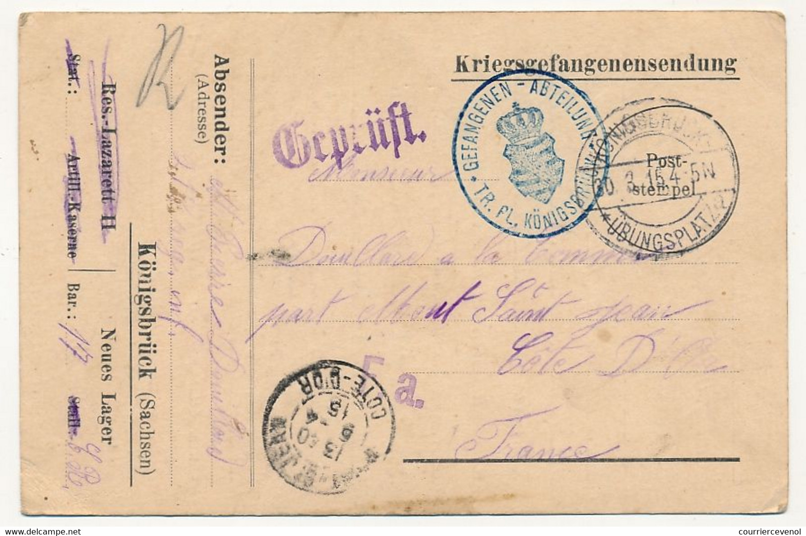Carte Prisonnier Français - Camp De Königsbrück (Sachsen) - 30/3/1915 - Censure - 1. Weltkrieg 1914-1918