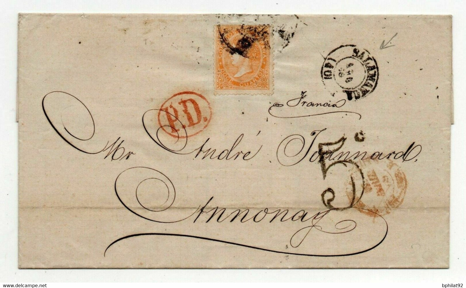 !!! ESPAGNE, LETTRE DE SALAMANQUE DE 1869 POUR LA FRANCE, TAXEE A L'ARRIVEE - Cartas & Documentos