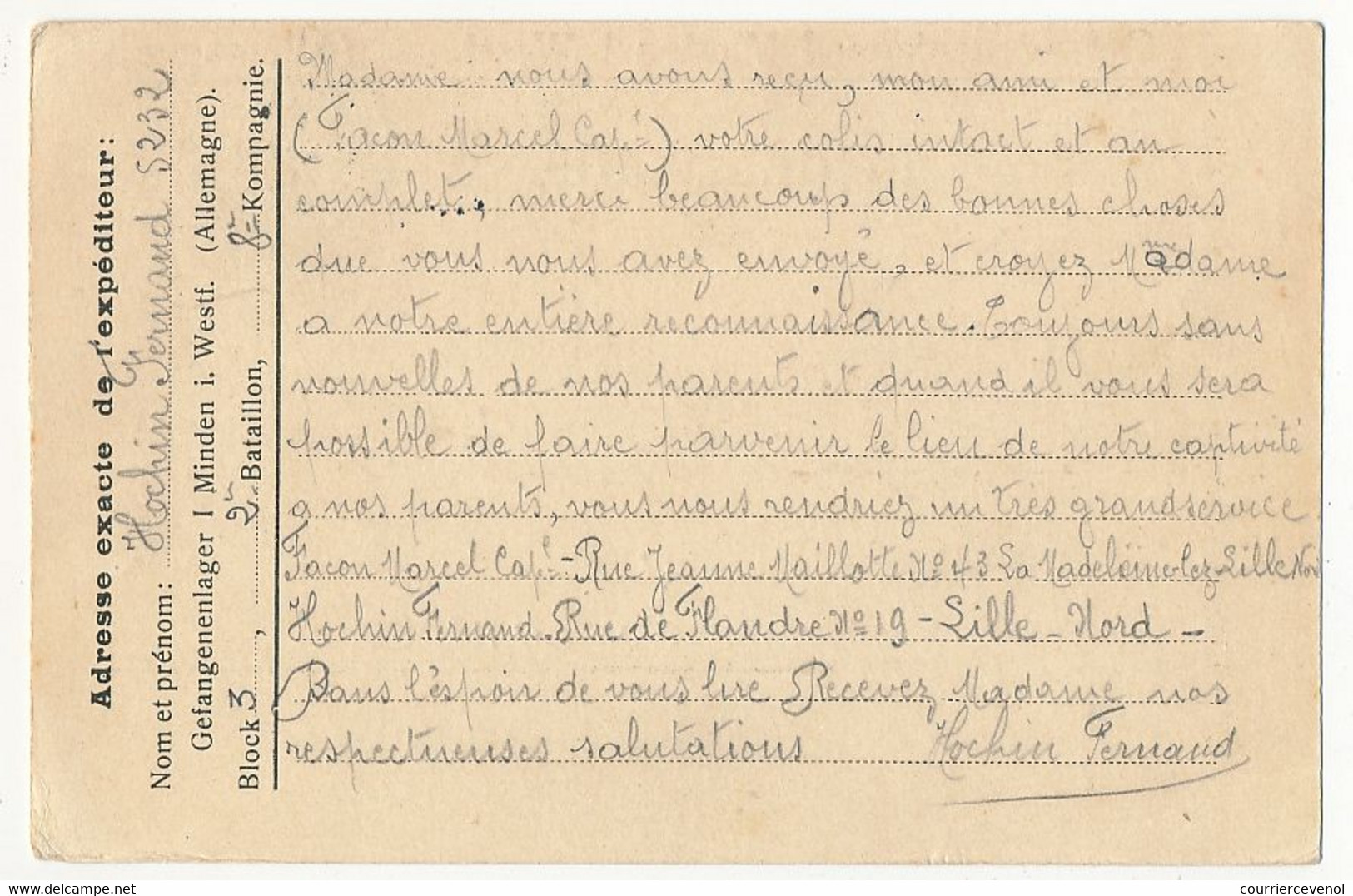 Carte Prisonnier Français - Camp De Minden I. Westf - Juillet 1915 - Censure Aigle - Guerre De 1914-18