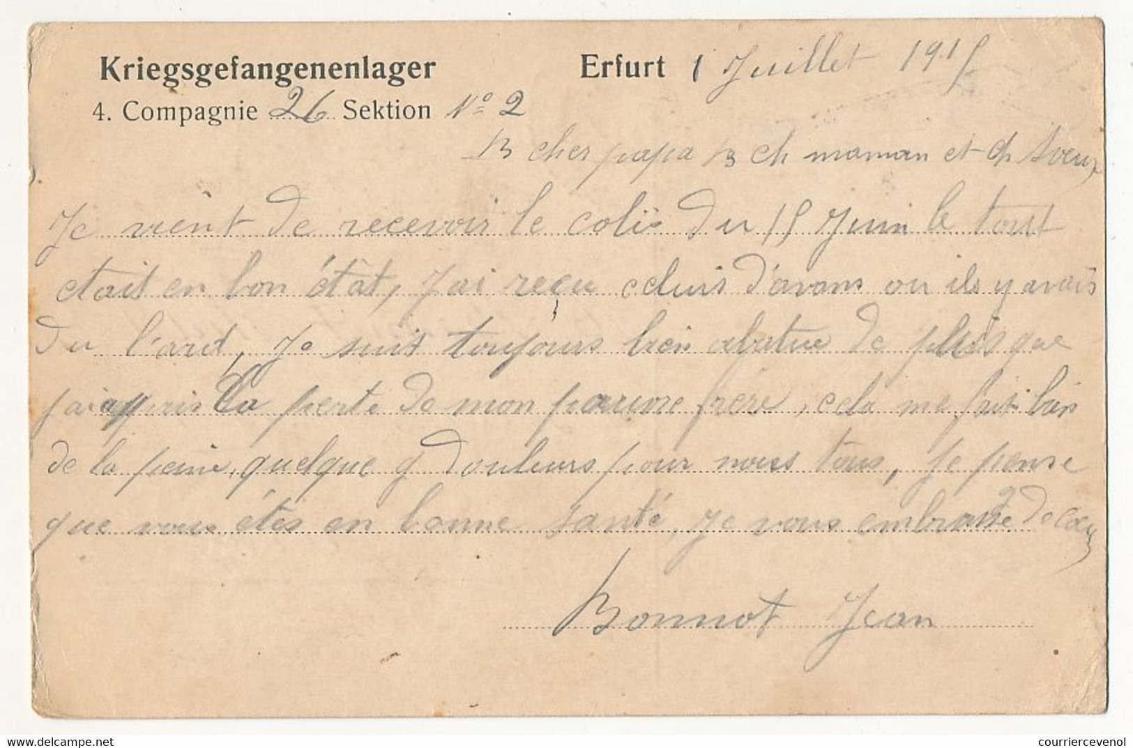 Carte Prisonnier Français - Camp De Erfurt - 1er Juillet 1915 - Censures - 1. Weltkrieg 1914-1918