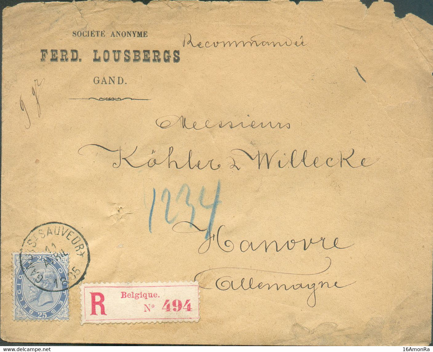 N°40 - 25 Centimes Bleu Obl. Sc GAND (ST-SAUVEUR) sur Enveloppe (un Peu Défraîchie) En Recommandée Le 11 Avril 1885 (exp - 1883 Léopold II