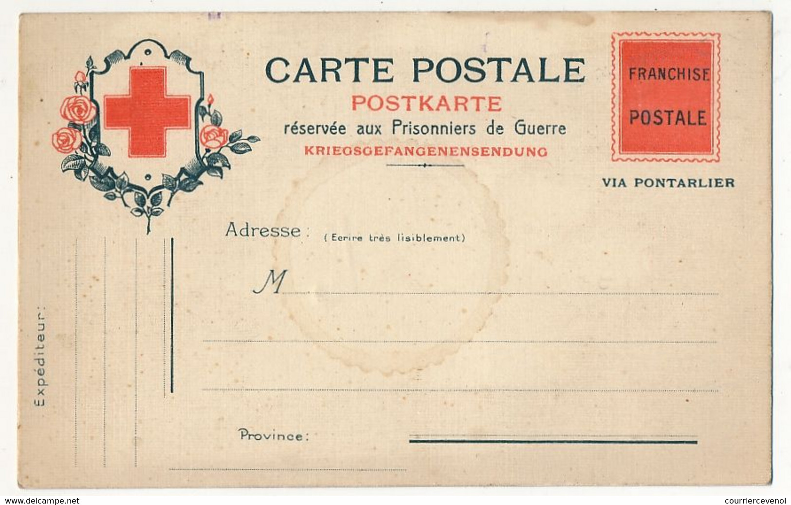 Carte Postale Réservée Aux Prisonniers De Guerre - Via Pontarlier - Neuve - 1. Weltkrieg 1914-1918