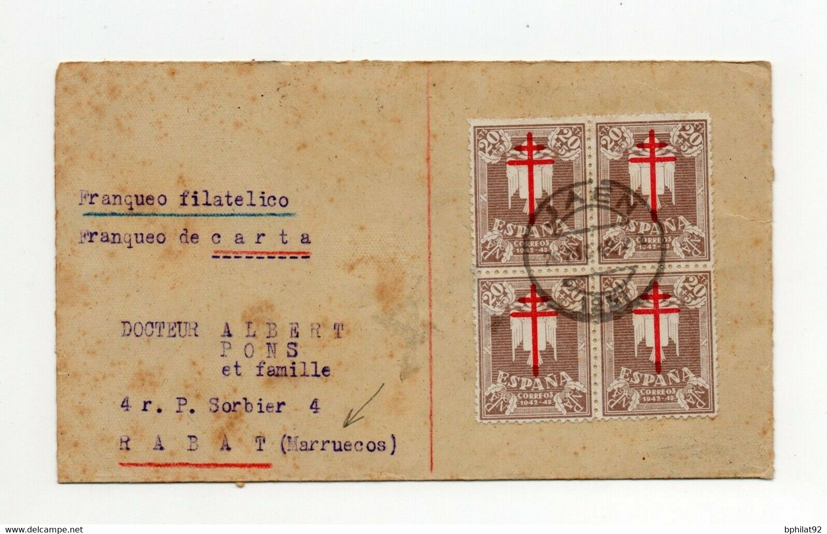 !!! ESPAGNE, TIMBRES DE BIENFAISANCE (RECTO-VERSO) SUR LETTRE DE JAEN DE 1942 POUR RABAT - Charity