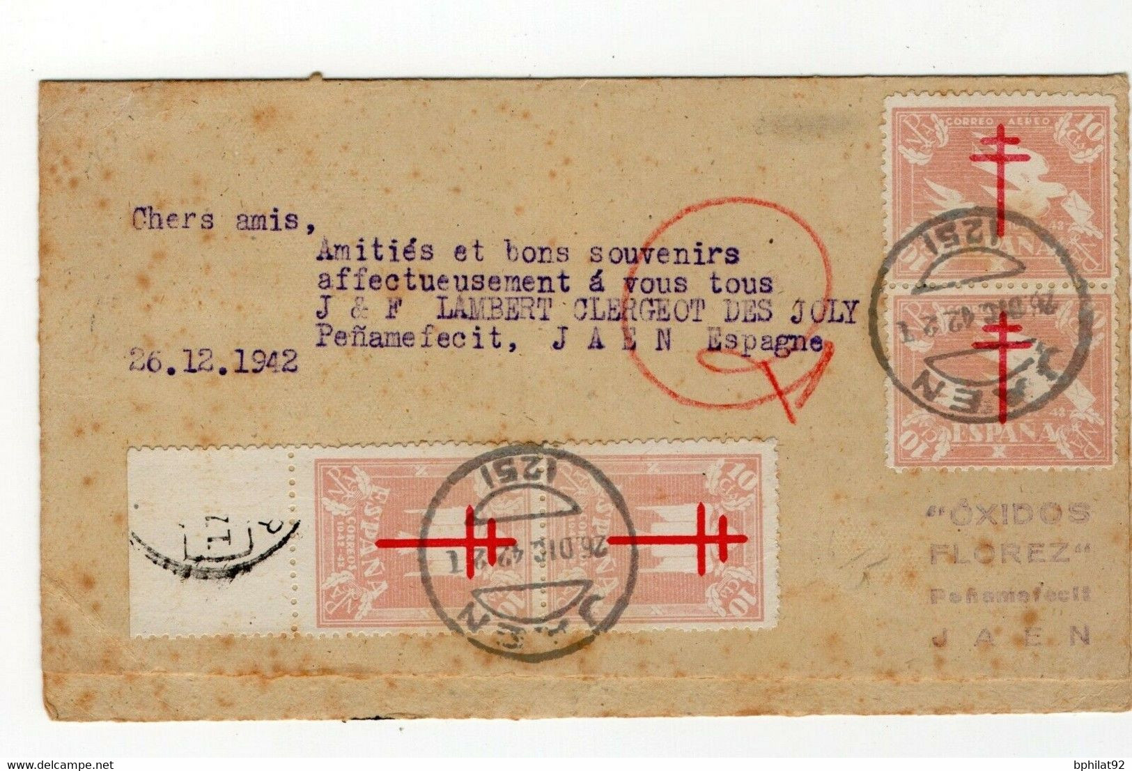 !!! ESPAGNE, TIMBRES DE BIENFAISANCE (RECTO-VERSO) SUR LETTRE DE JAEN DE 1942 POUR RABAT - Wohlfahrtsmarken