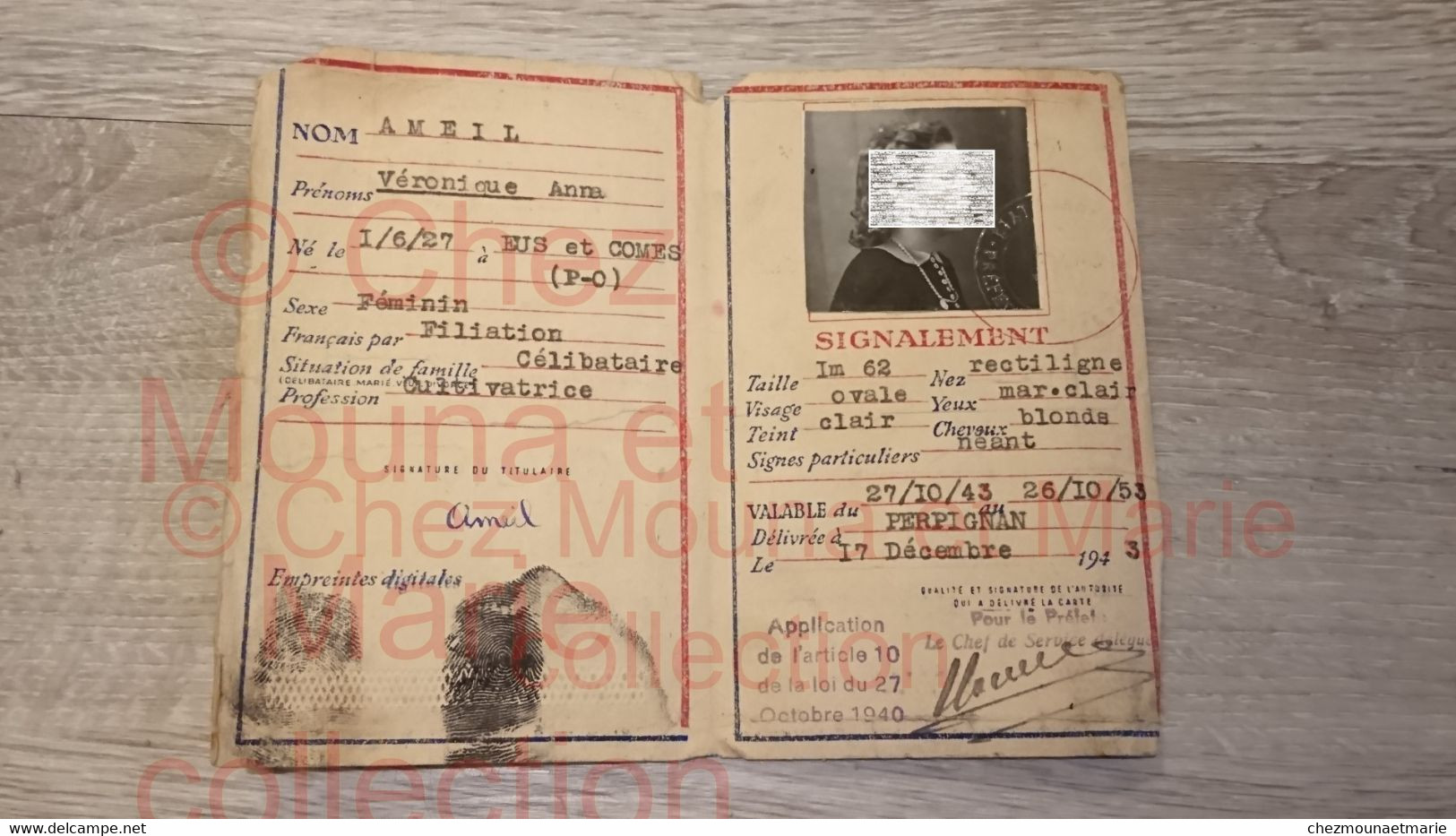 AMEIL VERONIQUE NE A EUS COMES CARTE D IDENTITE - TAMPON LOI DU 27 OCT. 1940 - PYRENEES ORIENTALES - Documentos Históricos