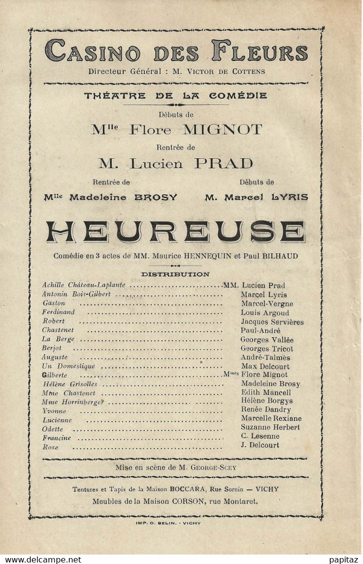 PROGRAMME DU THÉÂTRE DU CASINO DES FLEURS SAISON 1927  HEUREUSE.  AVEC SON BILLET D'ENTRÉE TIMBRÉ - Programs