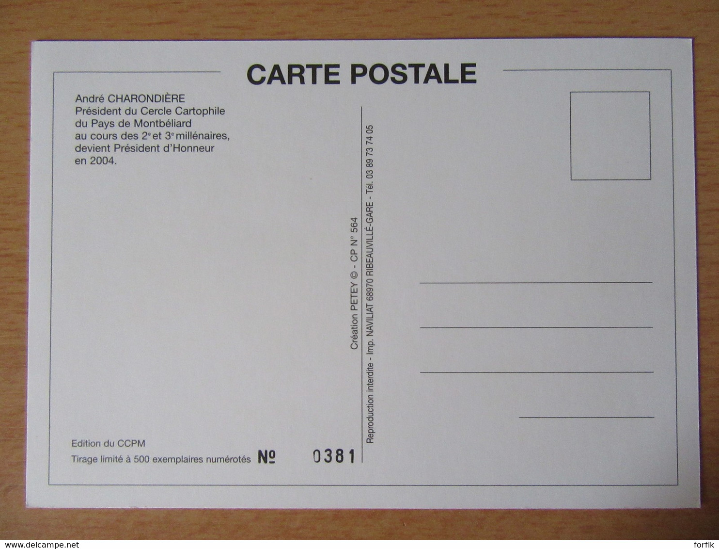 Carte Illustrateur CCPM Montbéliard - Président D'Honneur André Charondière 2004 - Signée PETEY - 500 Exemplaires - Petey