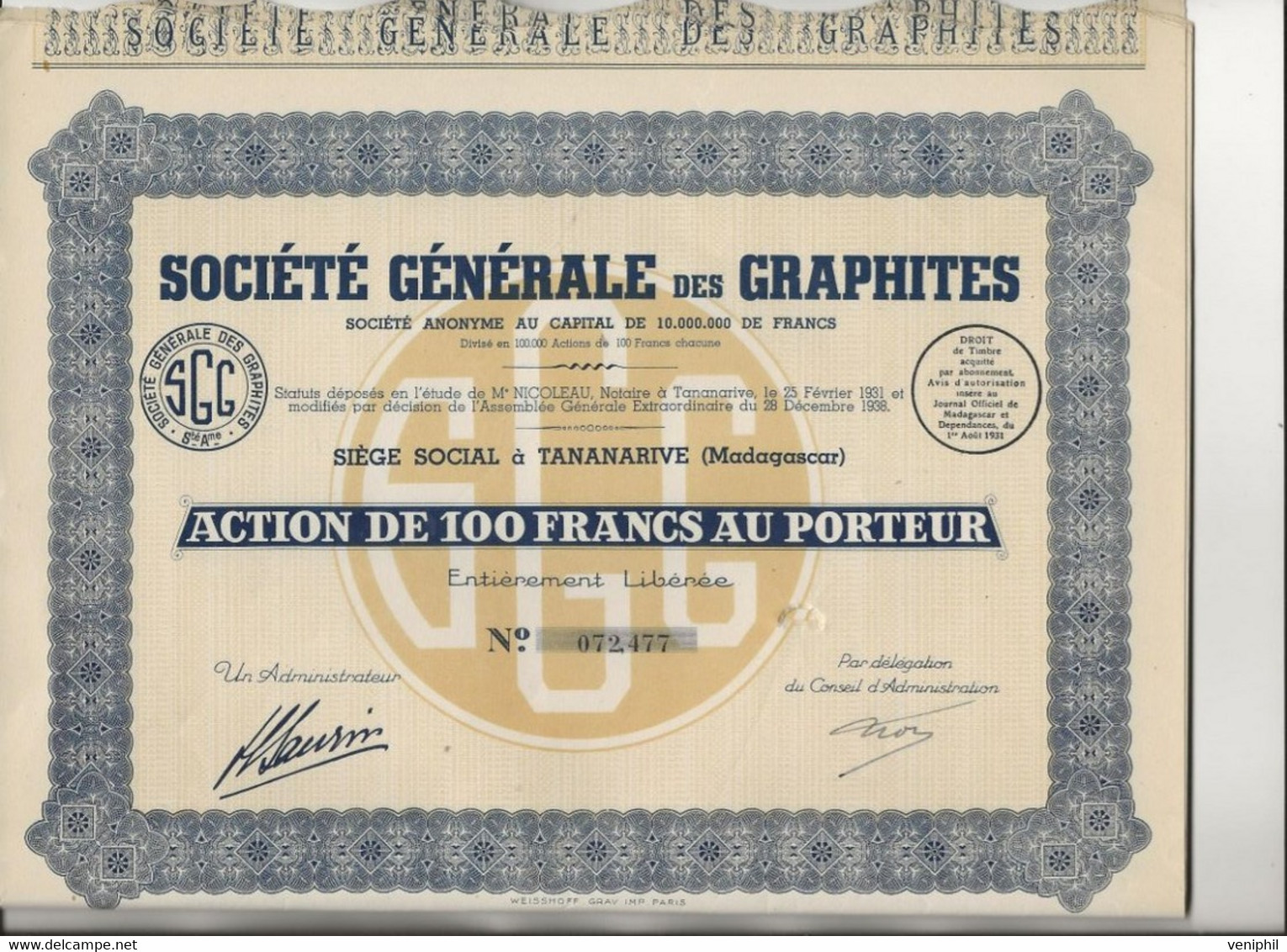 SOCIETE GENERALE DES GRAPHITES - TANANARIVE (MADAGASCAR)- LOT DE 8 ACTIONS DE 100 FRS -ANNEE 1931 - Afrika