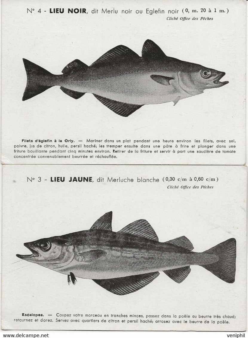 2 CARTES RECETTES POISSON -N°3 LIEU JAUNE ET N° 4 LIEU NOIR-EDITEES COMITE NATIONAL DE PROPAGANDE POUR LA CONSOMMATION - Menus