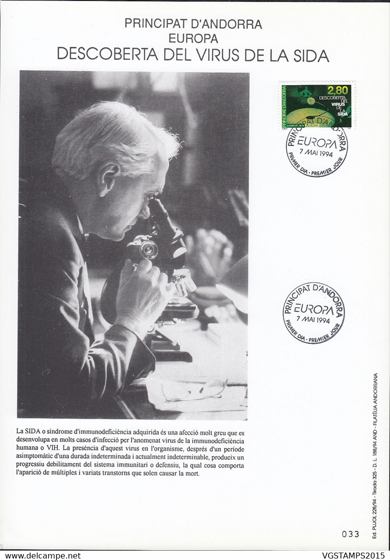 Andorre Français 1994 - FDC.- Premier Jour- Yvert Nº 444 Sur Encart Spécial. Theme: Virus Du Sida.... (VG) DC-10704 - Oblitérés