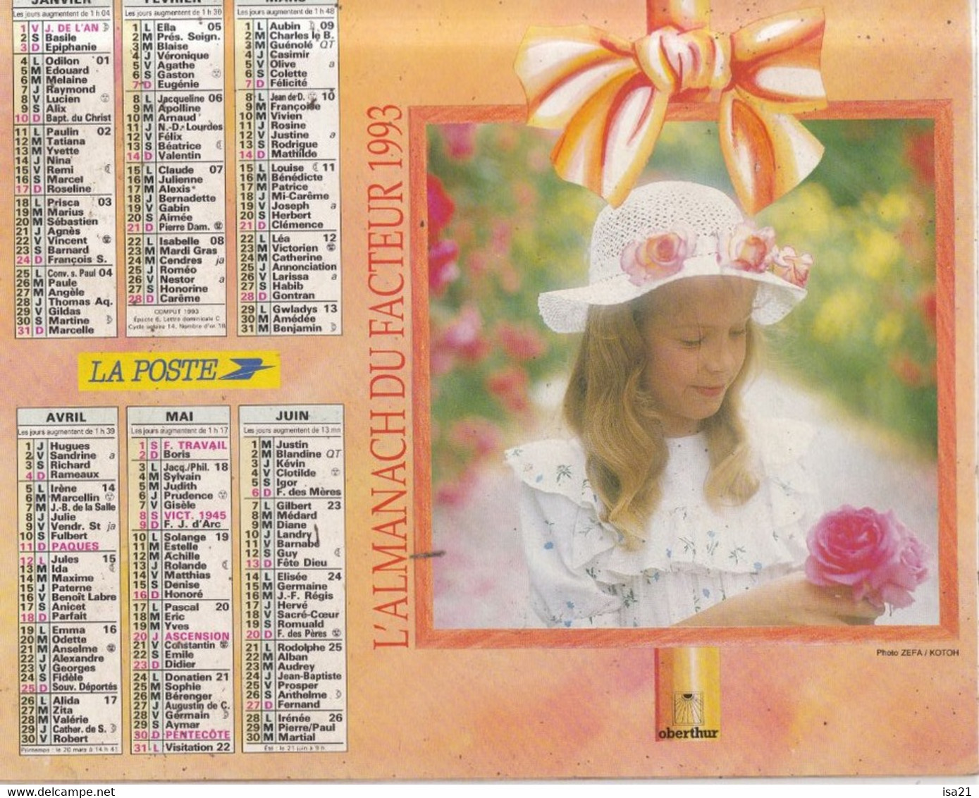 ALMANACH DU FACTEUR, Calendrier Des Postes 1993: SOMME, Fillette Aux Coquelicots, Fillette à La Rose - Grand Format : 1991-00