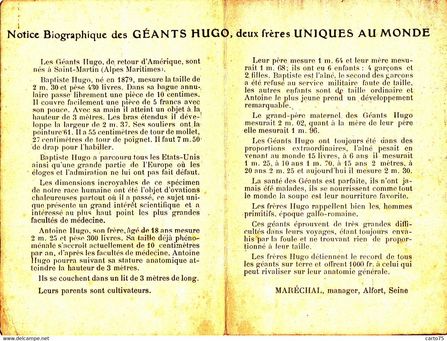 Santé - Médecine - Gigantisme - Les Frères Hugo - Notice Biographique - Carte 2 Volets - Health