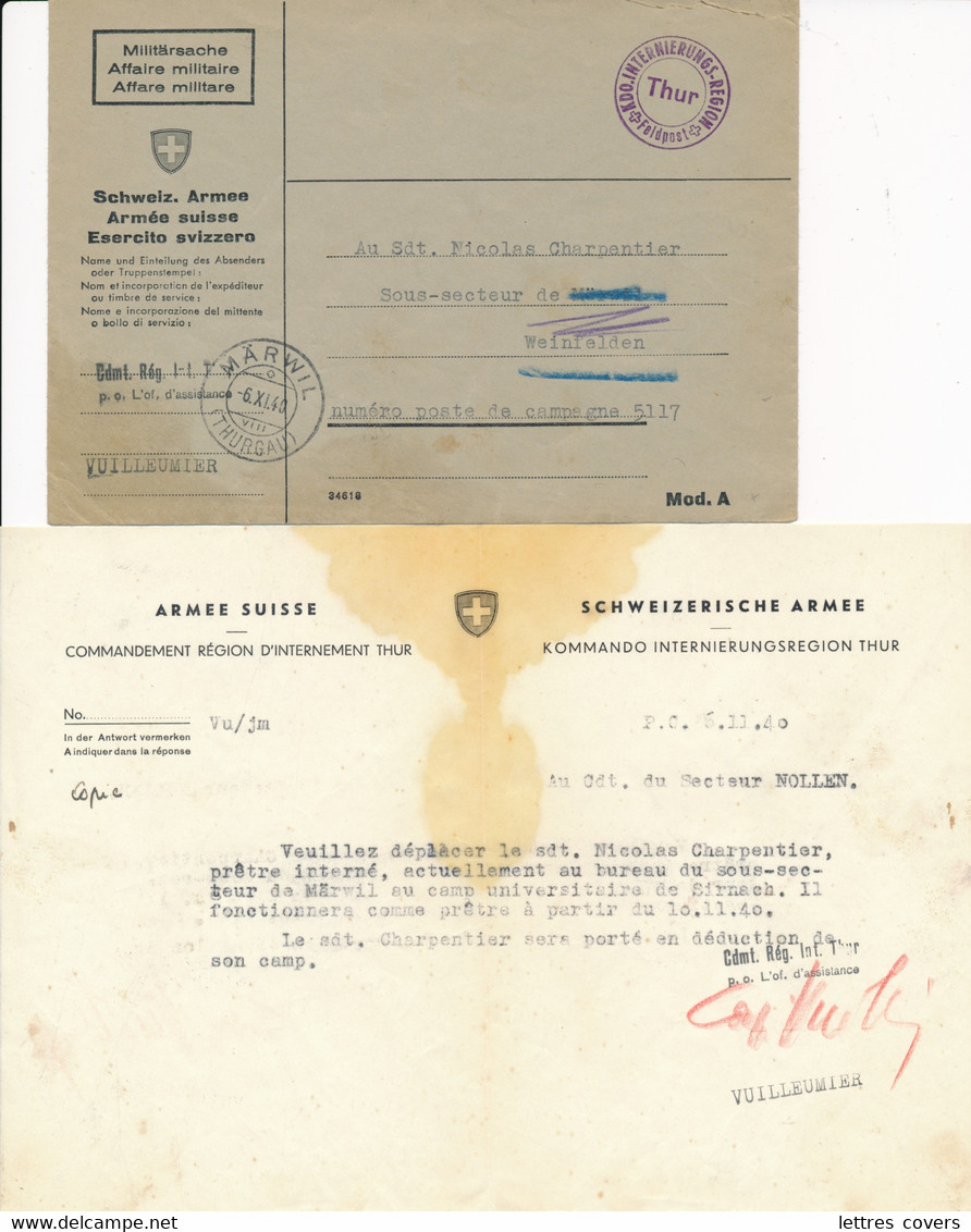 1940 Lettre PRÊTRE INTERNÉ - INTERNEMENT THUR INTERNIERUNGSREGION - Correspondance Feldpost MÄRWIL CAMP SIRNACH Suisse - Documenti