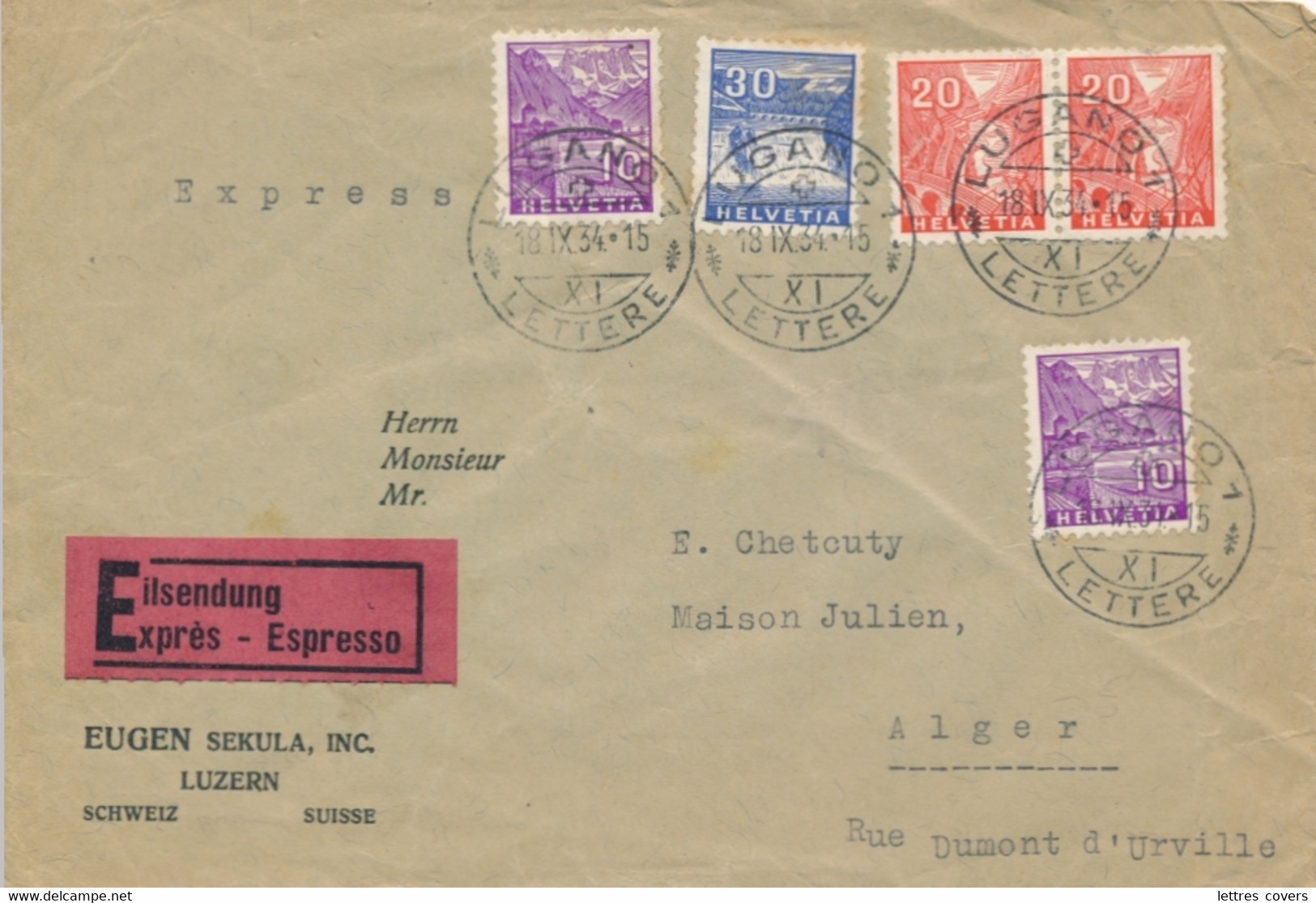 1934 Affranchissement TRICOLORE Lettre EXPRES EILSENDUNG ETRANGER > ALGERIE - ESPRESSO LUGANO - Covers & Documents