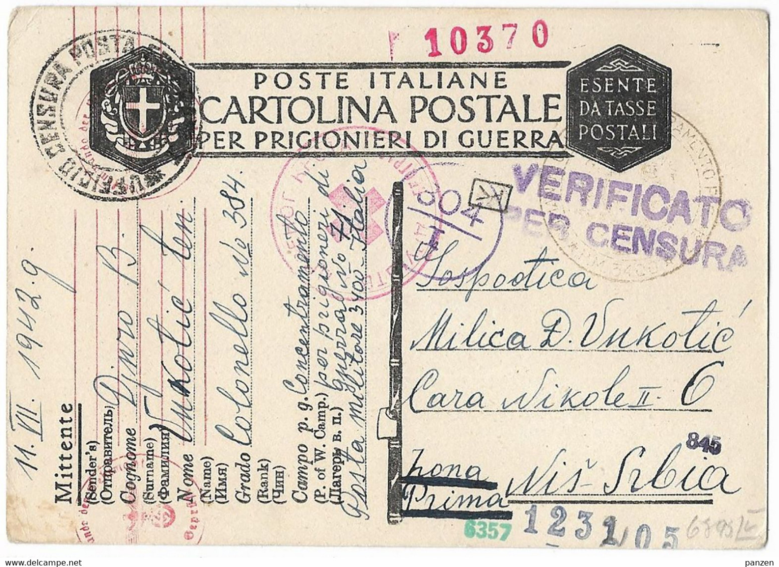 Italy 1942 WWII POW 3400 Postal Stationery Red Cross To Serbia Censored - Sonstige & Ohne Zuordnung