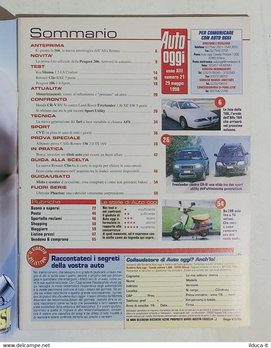 44723 AUTO OGGI A. XIII Nr 21 1998 - Alfa 166 Renault Clio Peugeot 206 - [4] Themen