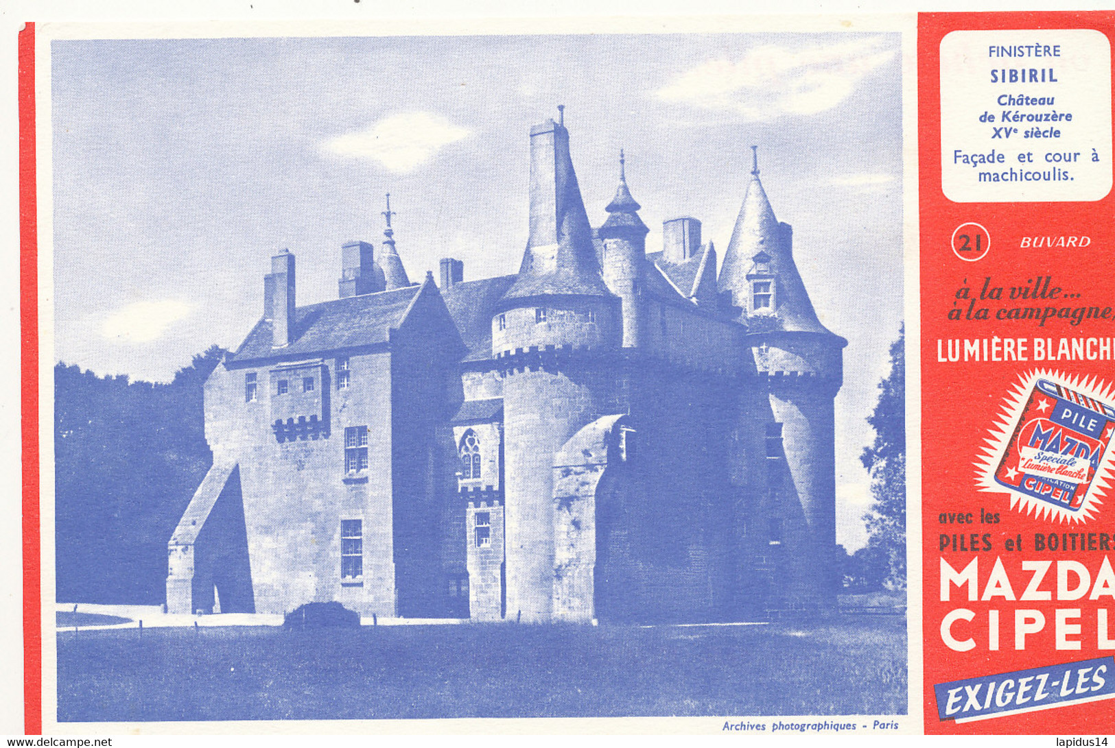 BU 2457 /   BUVARD    MAZDA CIPEL  CHATEAU DE KEROUZERE  FINISTERE   (21,00 Cm X 13,50 Cm) - Baterías