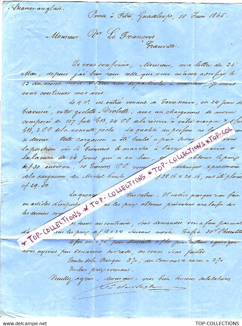 1865 NAVIGATION De Pointe à Pitre  Guadeloupe Pour Granville Goelette Violette  Terre Neuve St Pierre Miquelon  Canada - Documents Historiques