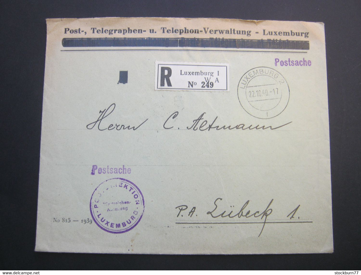 1940 , LUXEMBURG Postsache Als Einschreiben Nach Lübeck Mit Verschlussmarken - 1940-1944 Occupation Allemande