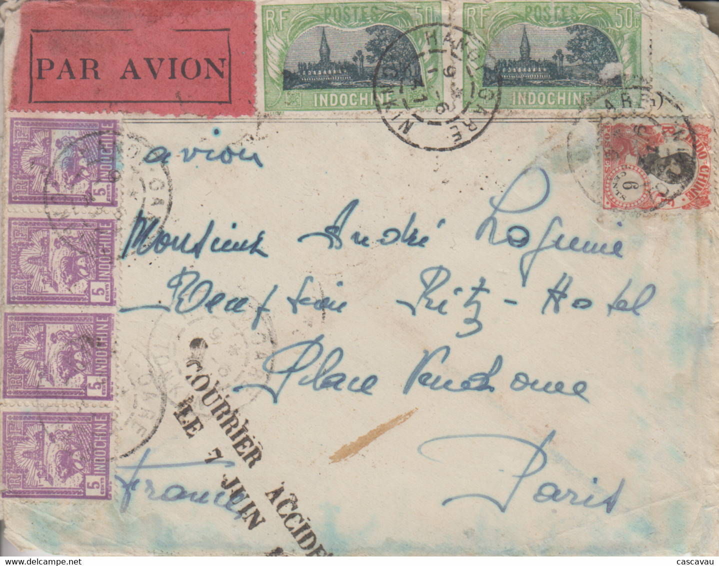 Enveloppe  INDOCHINE   Accident  D' Avion  AIR  ORIENT    Ligne  NOGUES   SAÏGON - PARIS   7  Juin  1931 - Luftpost