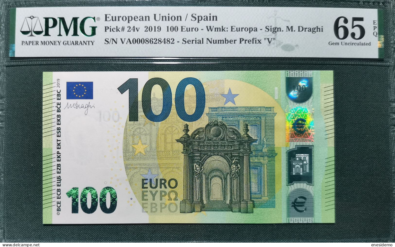 100 EURO SPAIN 2019 DRAGHI V001B2 VA000 CERTIFICATE PMG 65 RARE LOW SERIAL ONLY EVEN NUMBERS SC FDS UNCIRCULATED PERFECT - 100 Euro